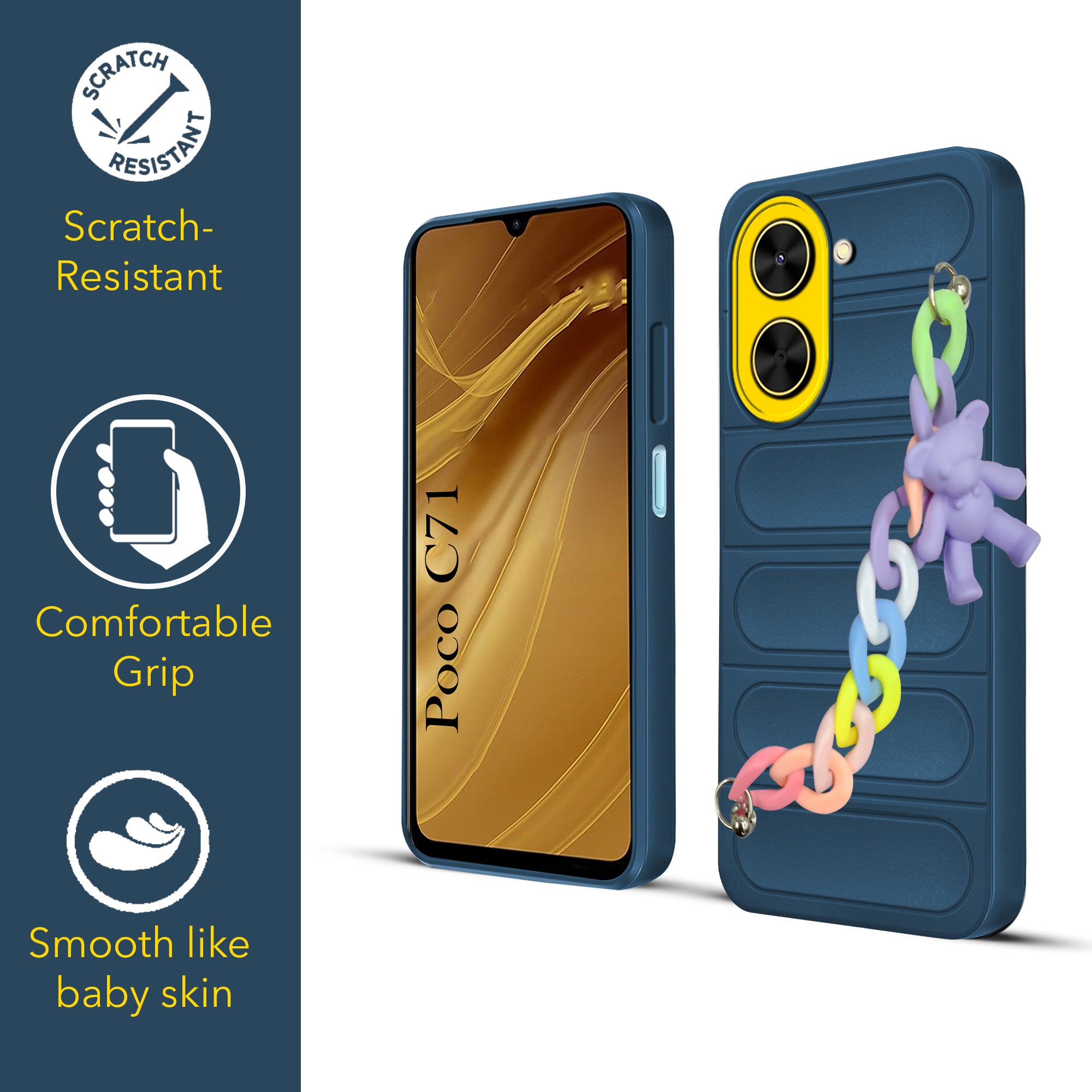 For Poco C71 Back Cover Case (Wrist Hanging Chain | Teddy Bracelet Charms | Matte Liquid Silicone | Camera Protection Ring)