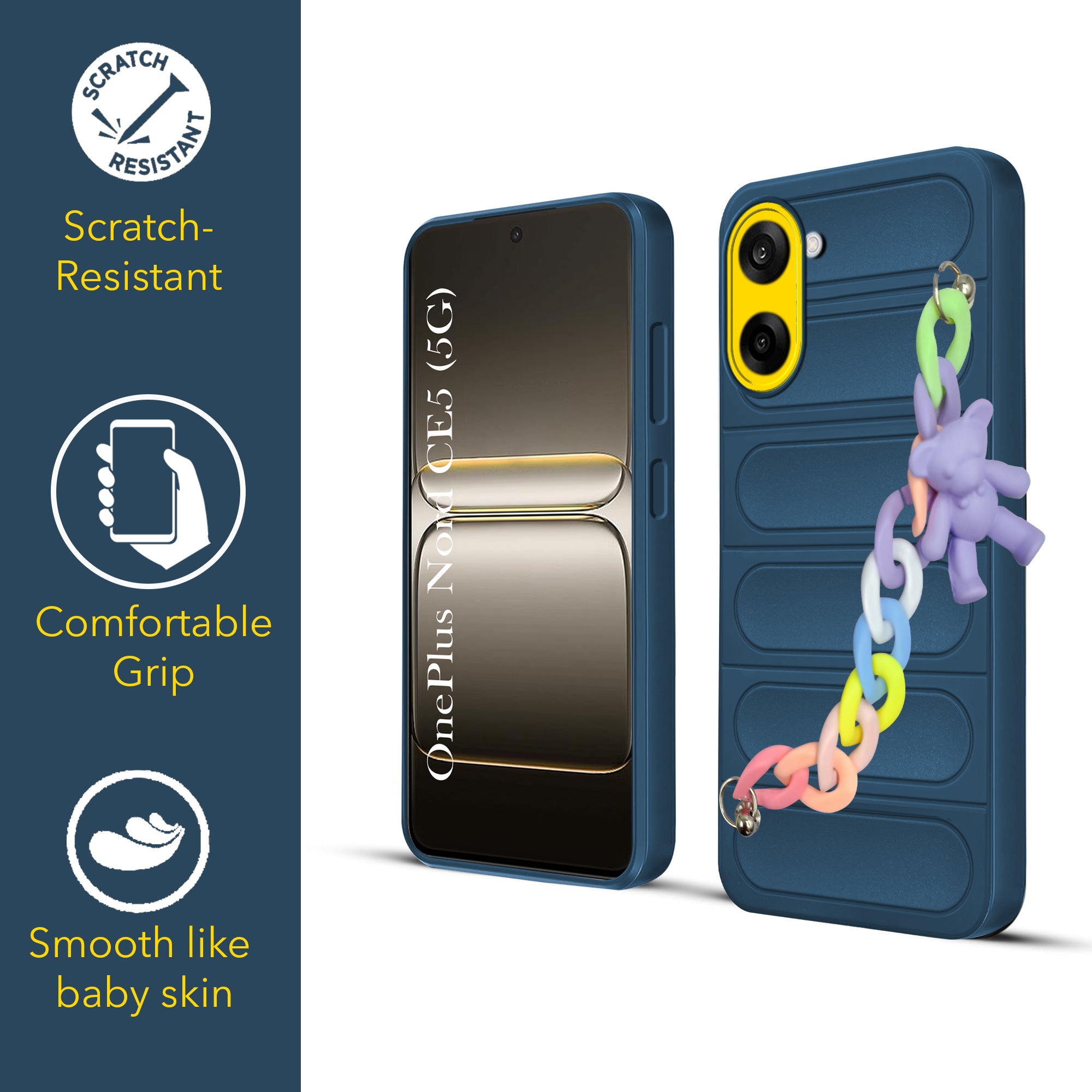 For Oneplus Nord CE 5 Back Cover Case (Wrist Hanging Chain | Teddy Bracelet Charms | Matte Liquid Silicone | Camera Protection Ring)