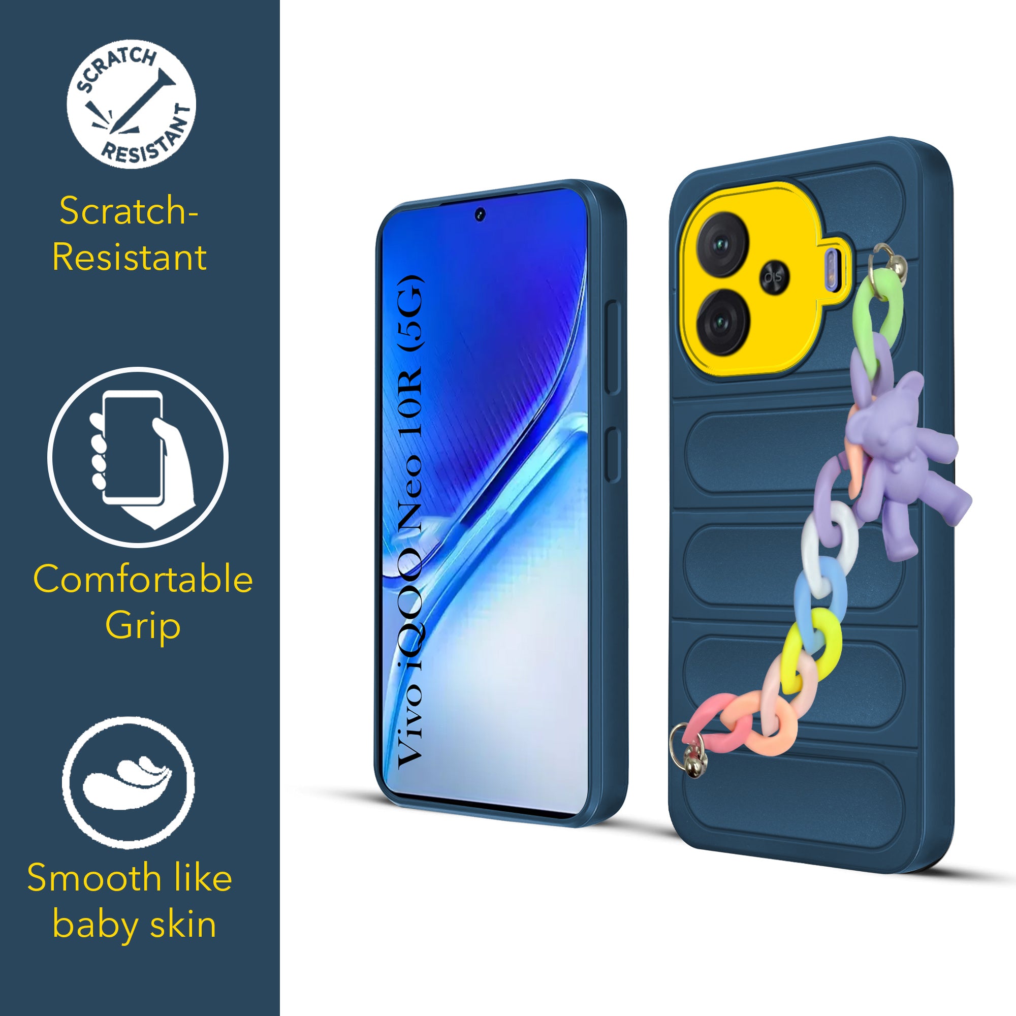 For Vivo iQOO Neo 10R Back Cover Case (Wrist Hanging Chain | Teddy Bracelet Charms | Matte Liquid Silicone | Camera Protection Ring)