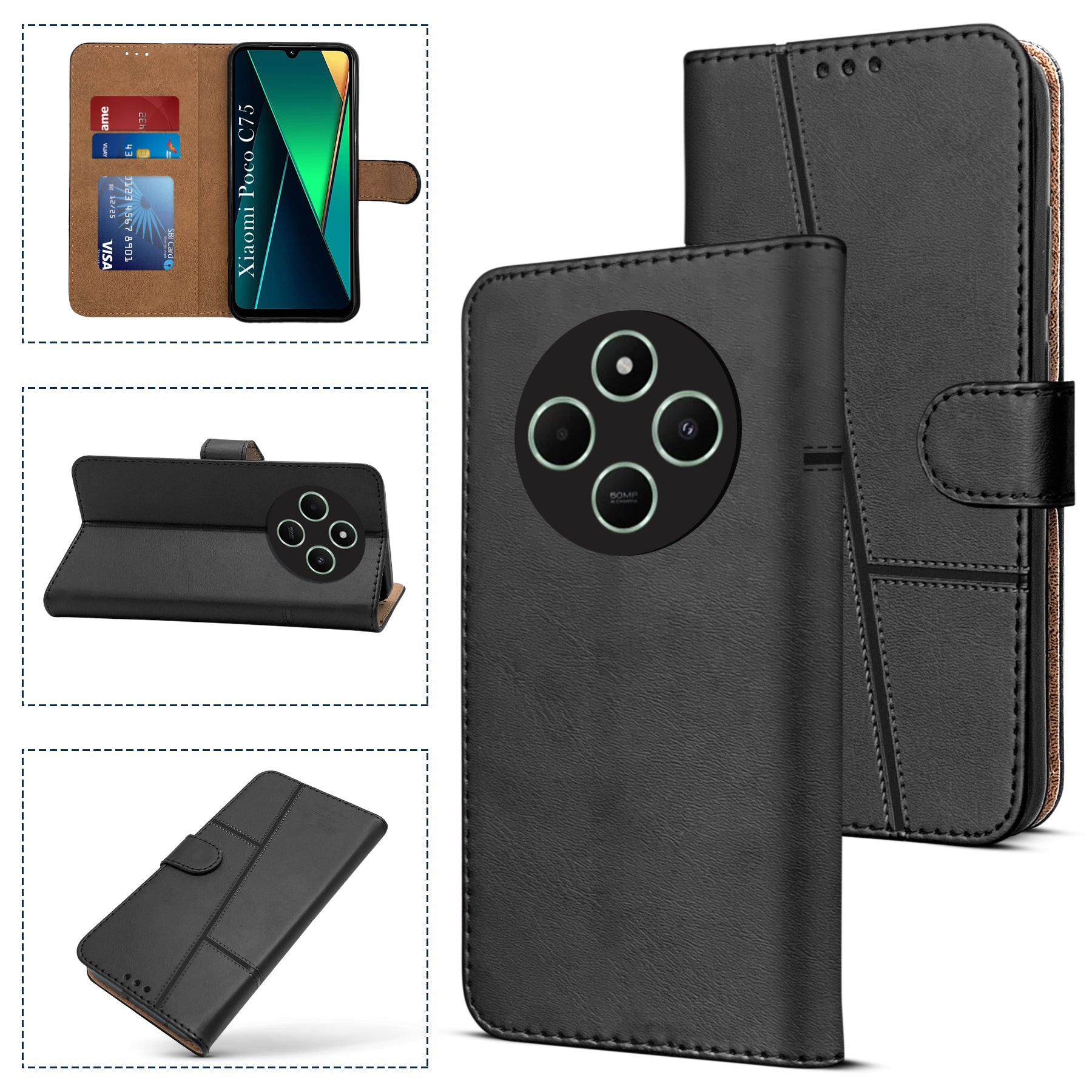 For Poco C75 | Poco M7 Flip Cover Case( Stitched Leather with Magnetic Closure)
