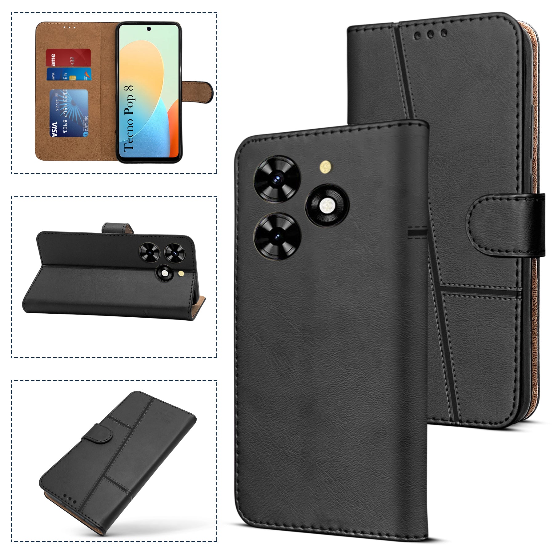 For Tecno Pop 8 Flip Case Cover (Stitched Leather with Magnetic Closure)