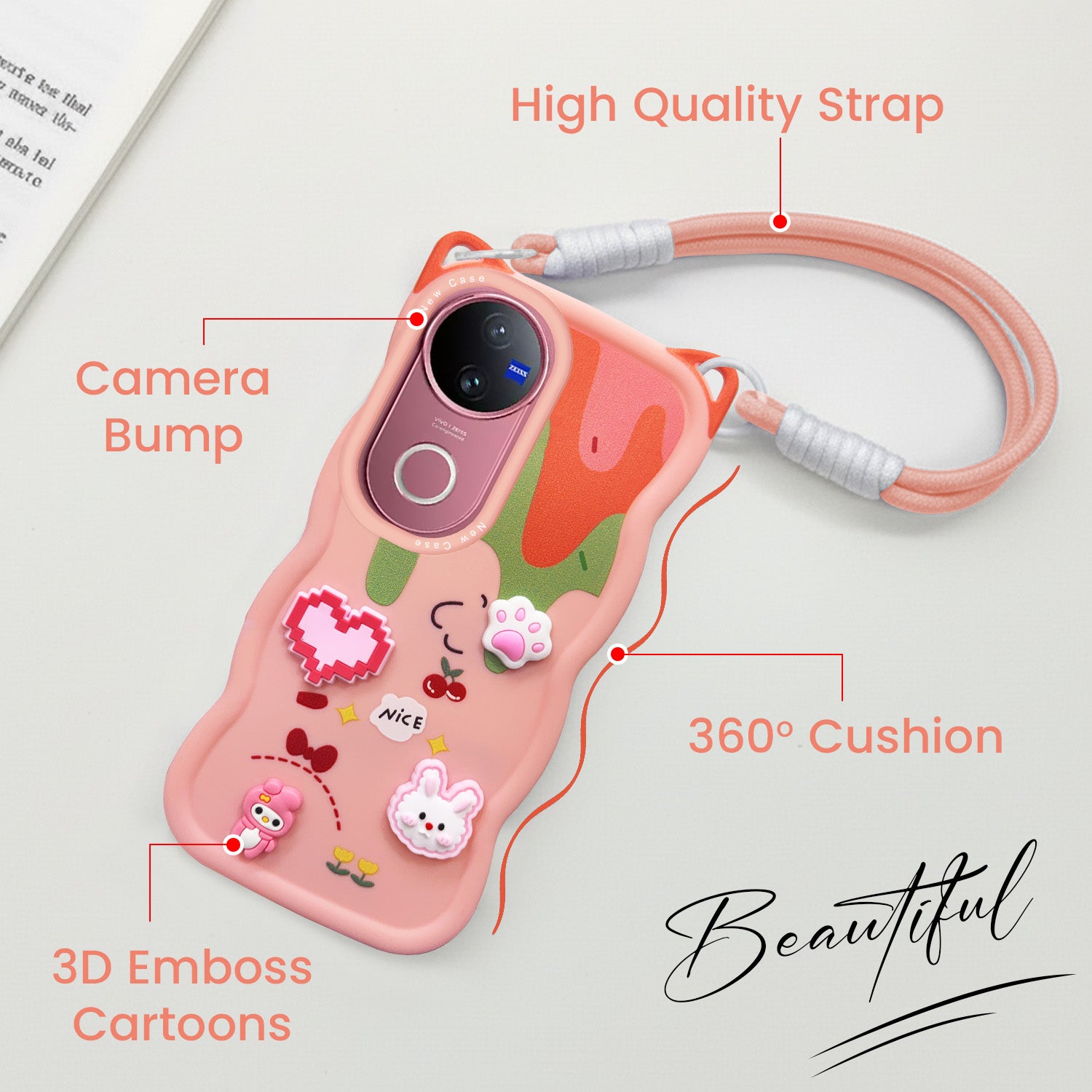 For Vivo V50 | Vivo V50e Back Case Cover Strap(3D embossed Figures | Strap Holder | 360* Soft Cushion with Camera Bump)