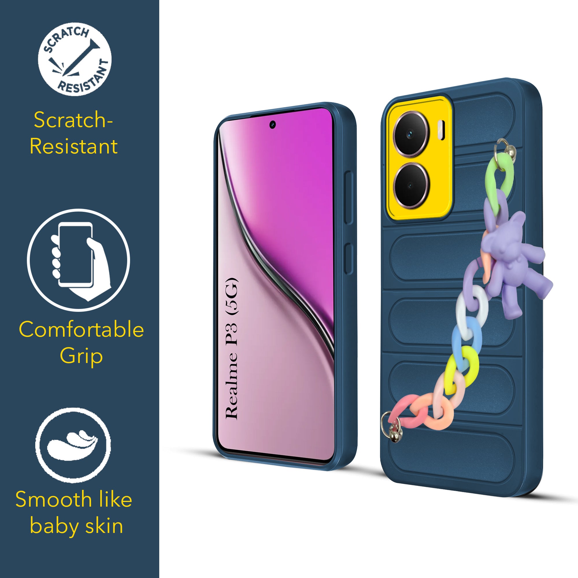 For Realme P3 Back Cover Case (Wrist Hanging Chain | Teddy Bracelet Charms | Matte Liquid Silicone | Camera Protection Ring)