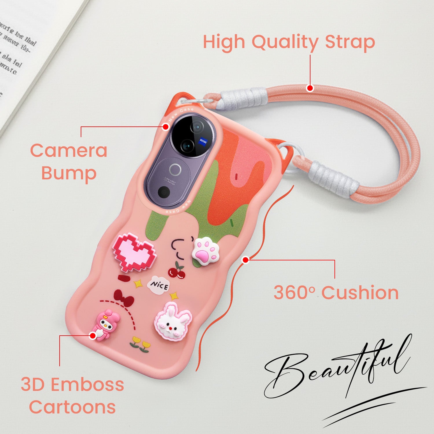For Vivo V40 | Vivo V40 Pro 5G Back Case Cover Strap(3D embossed Figures | Strap Holder | 360* Soft Cushion with Camera Bump)