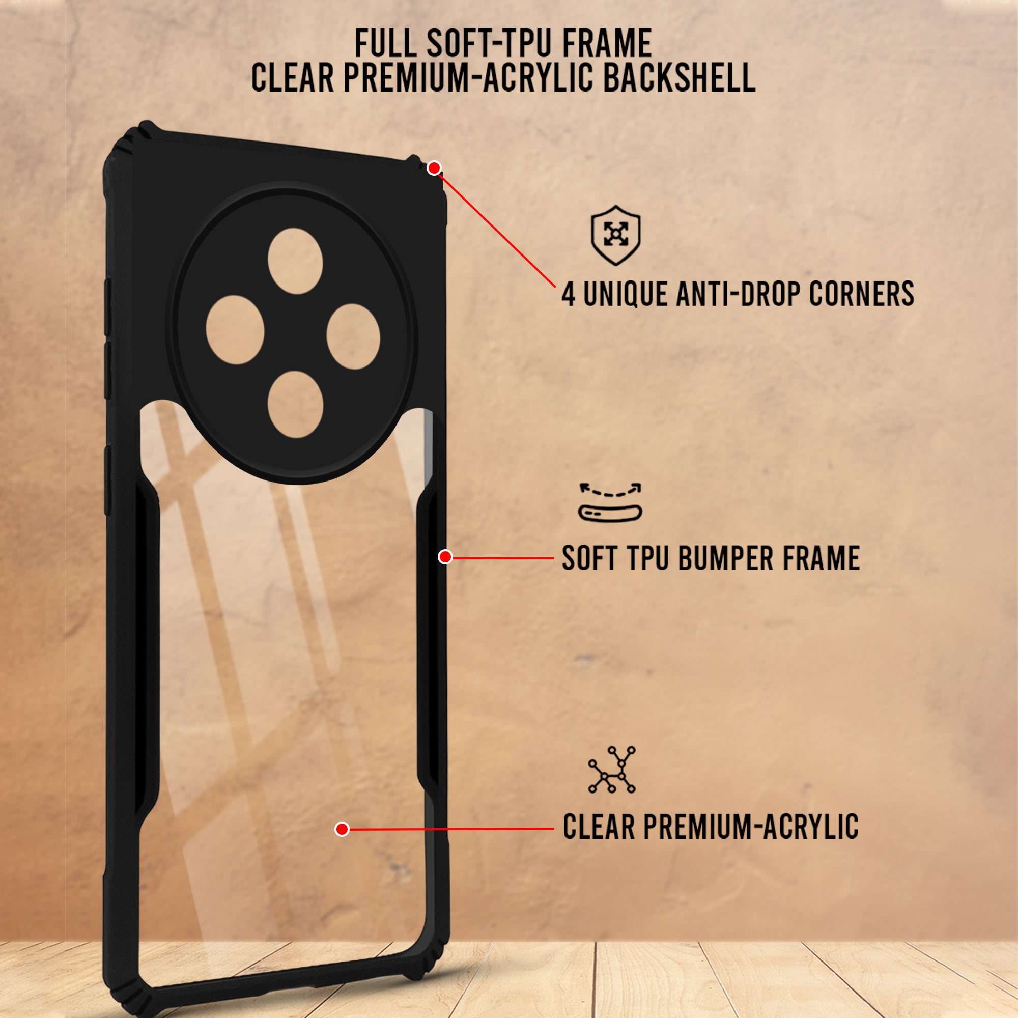 For Vivo T4 Back Cover Case (Shockproof with Polycarbonate Clear Panel | Professional Black)