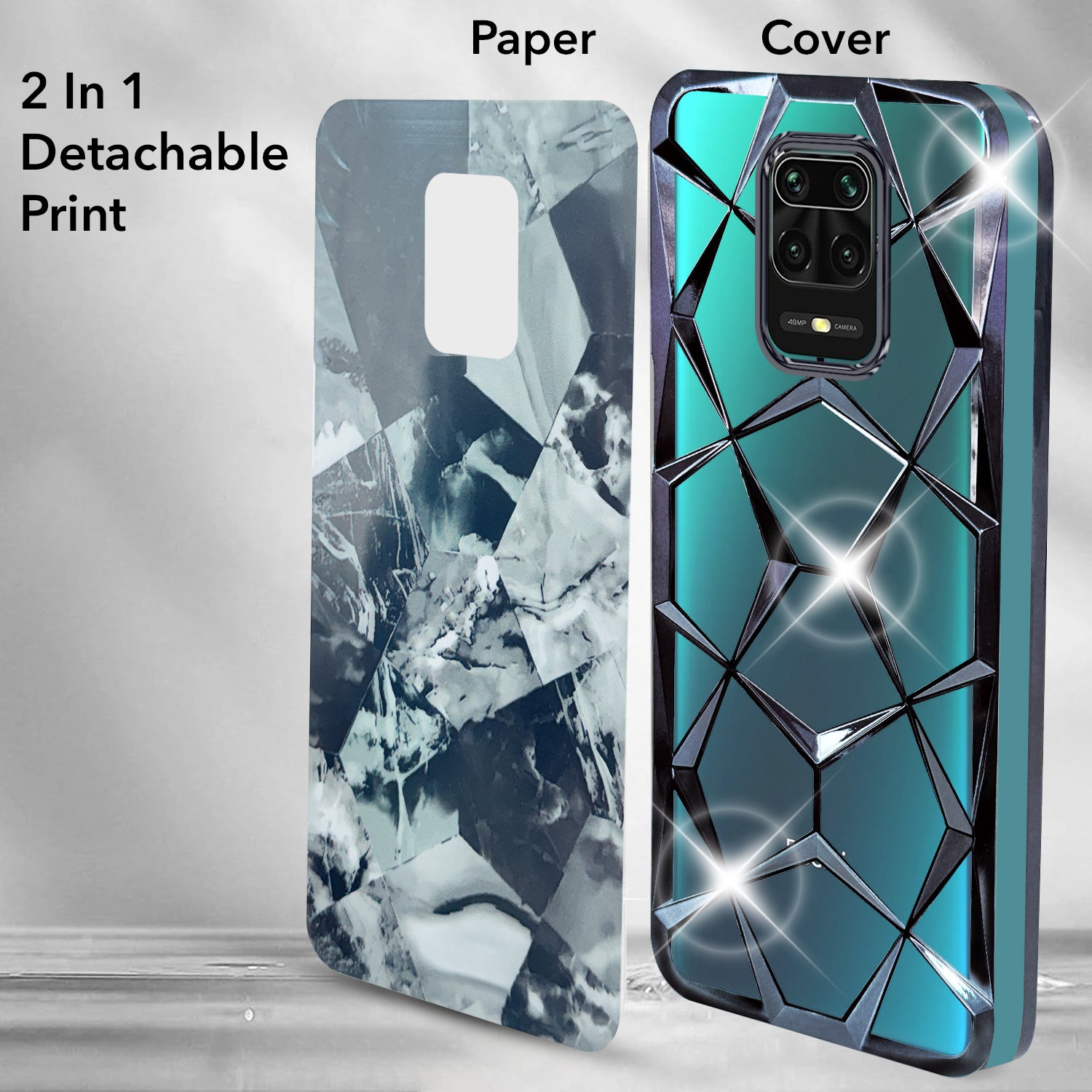 For Redmi Note 9 Pro | 9 Pro Max Back Cover Case ( Dual Design Glitter Sparkle and Detachable Diamond Print Case | Soft and Flexible)
