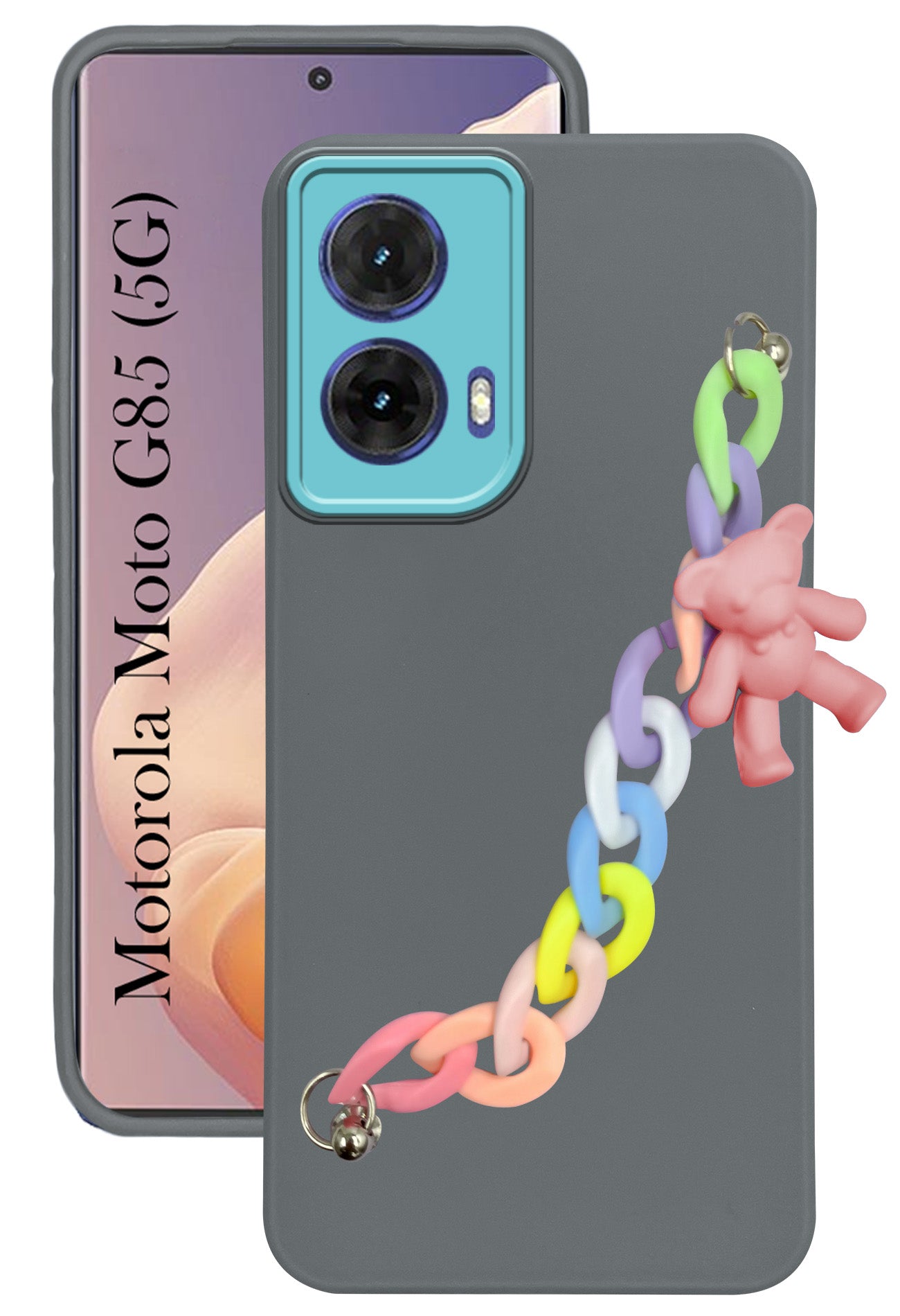 For Motorola Moto G85 5G Back Cover Case (Wrist Hanging Chain | Teddy Bracelet Charms | Dual Color Matte Finish | Full Camera Protection | Sleek and Professional)