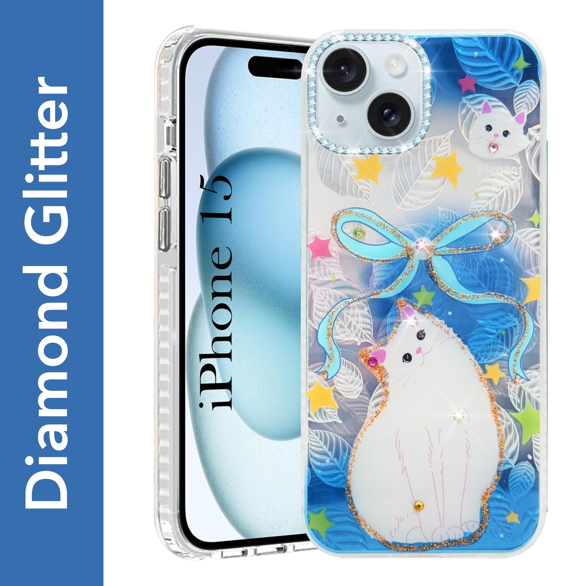 For Apple iPhone 15 Back Cover Case (Luxury Floral Glitter Cute Butterfly | Diamond Studded Camera Bump | Girls & Women Design)