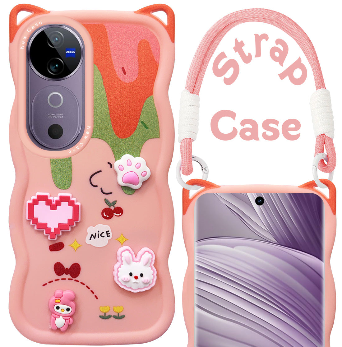 For Vivo V40 | Vivo V40 Pro 5G Back Case Cover Strap(3D embossed Figures | Strap Holder | 360* Soft Cushion with Camera Bump)