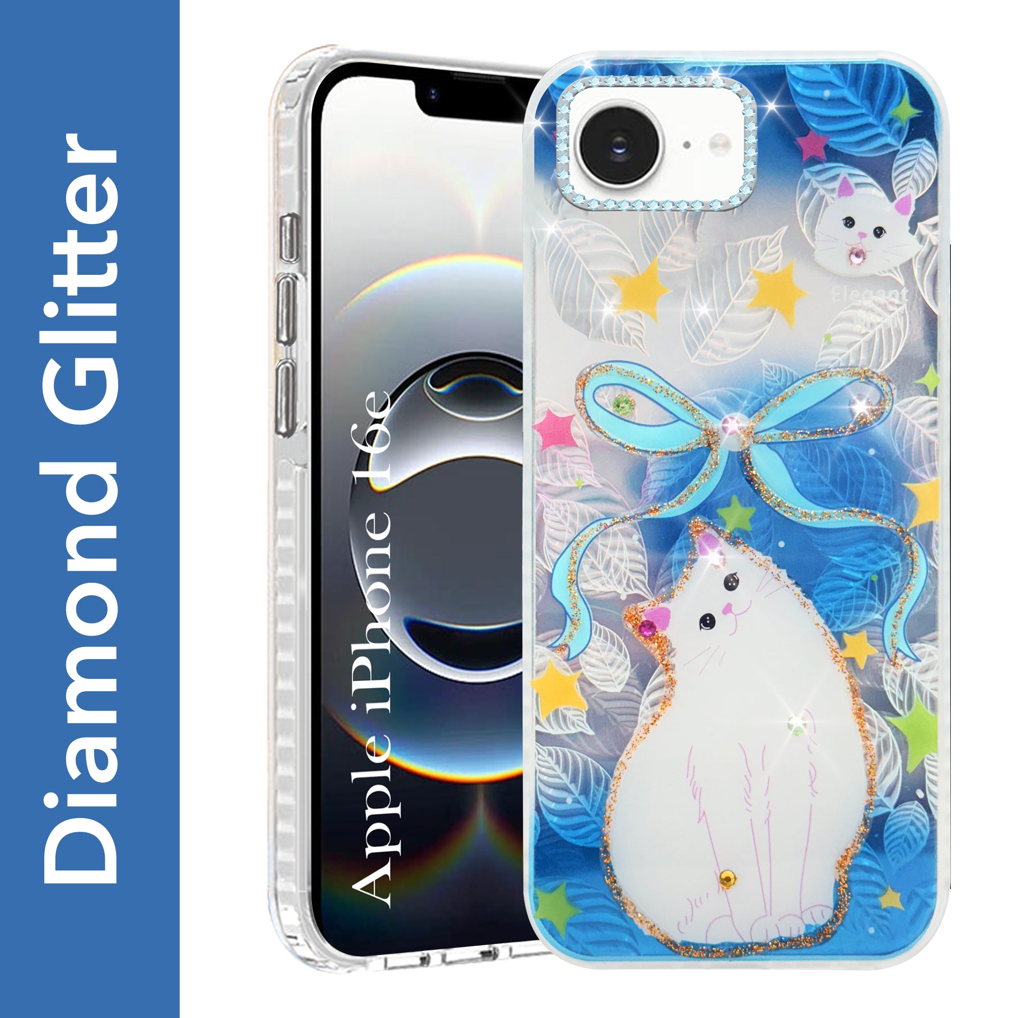 For iPhone 16e Back Cover Case (Luxury Floral Glitter Cute Butterfly | Diamond Studded Camera Bump | Girls & Women Design)