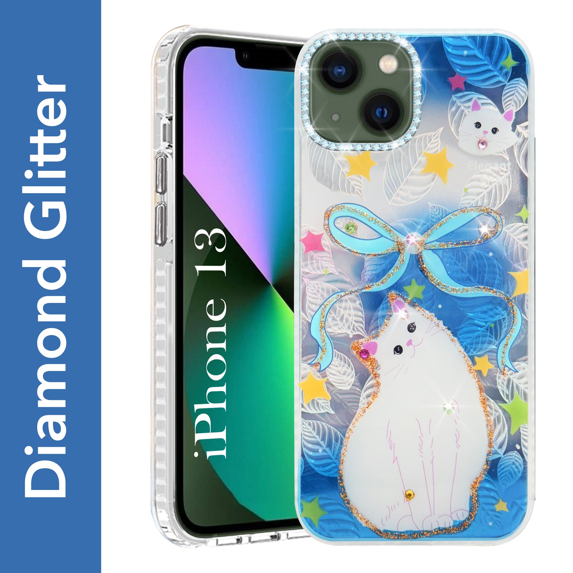 For Apple iPhone 13 Back Cover Case (Luxury Floral Glitter Cute Butterfly | Diamond Studded Camera Bump | Girls & Women Design)