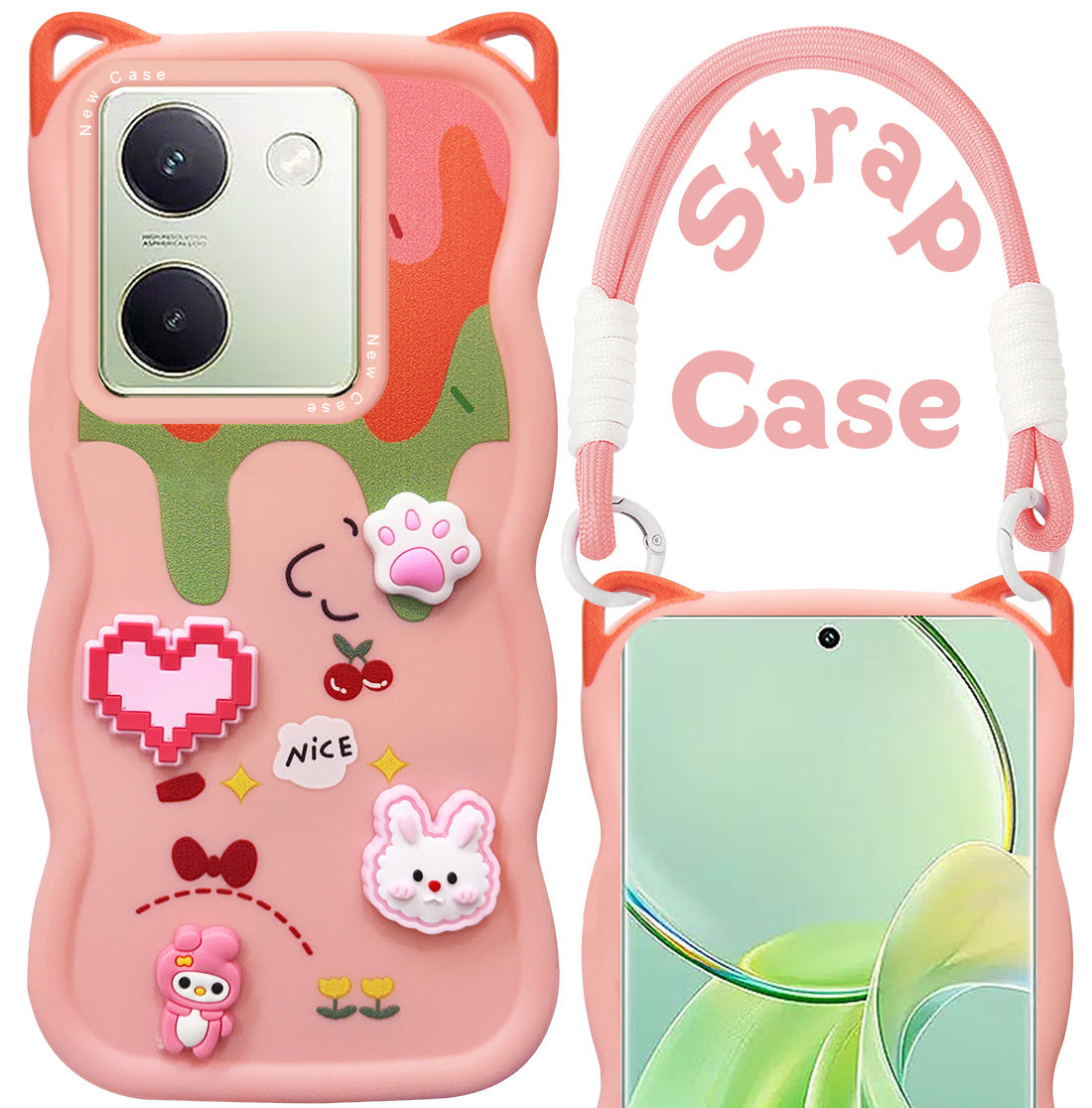 For Vivo Y300 Plus Back Case Cover Strap(3D embossed Figures | Strap Holder | 360* Soft Cushion with Camera Bump)