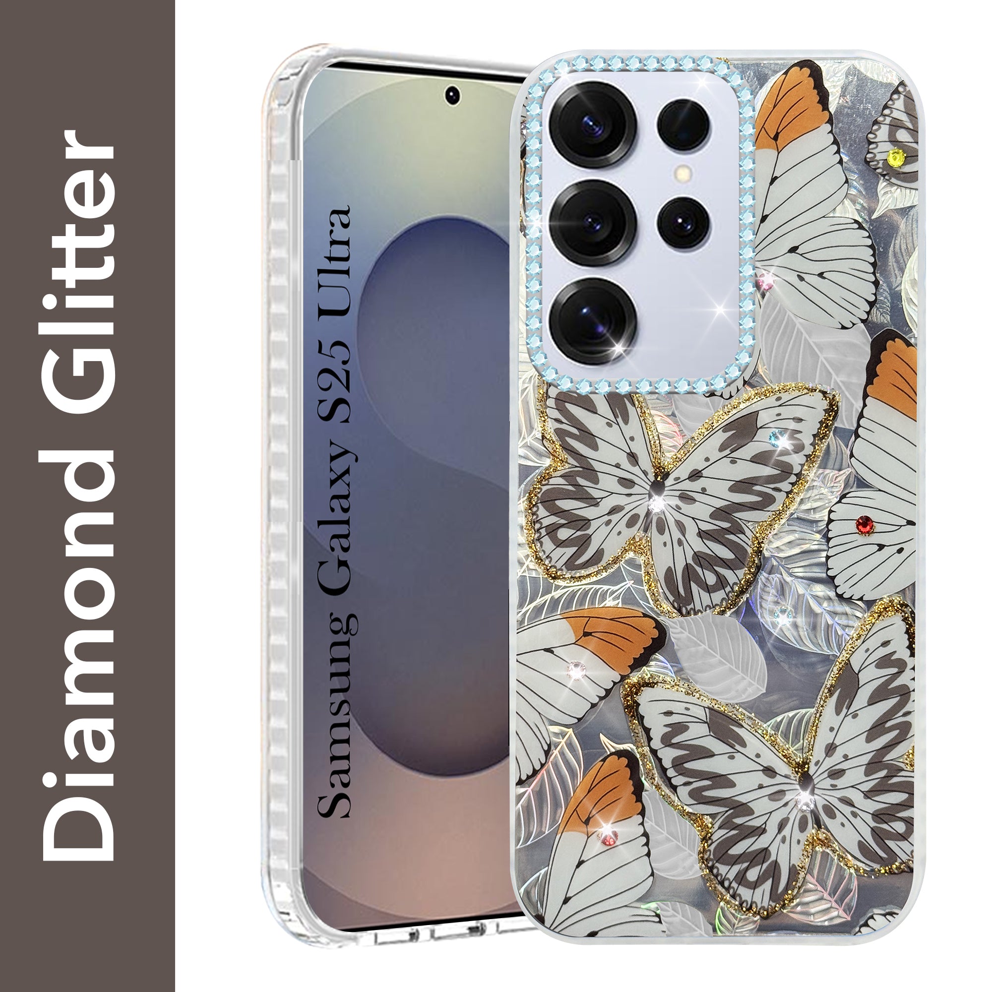 For Samsung Galaxy S25 Ultra Back Cover Case (Luxury Floral Glitter Cute Butterfly | Diamond Studded Camera Bump | Girls & Women Design)
