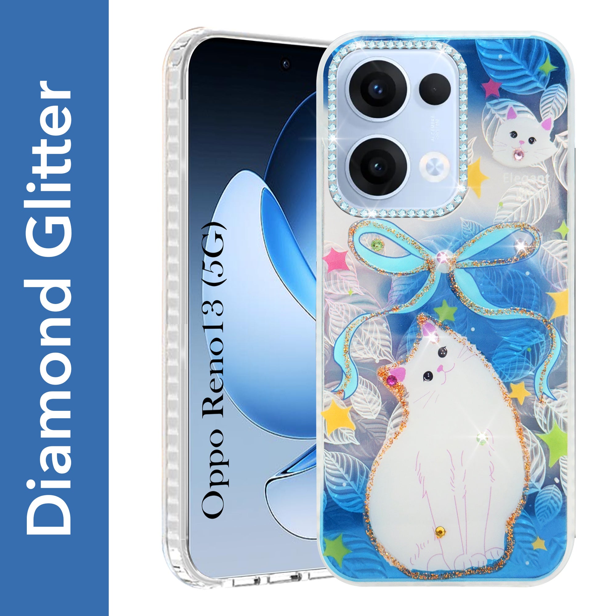 For Oppo Reno13 | Oppo Reno 13 Back Cover Case (Luxury Floral Glitter Cute Butterfly | Diamond Studded Camera Bump | Girls & Women Design)