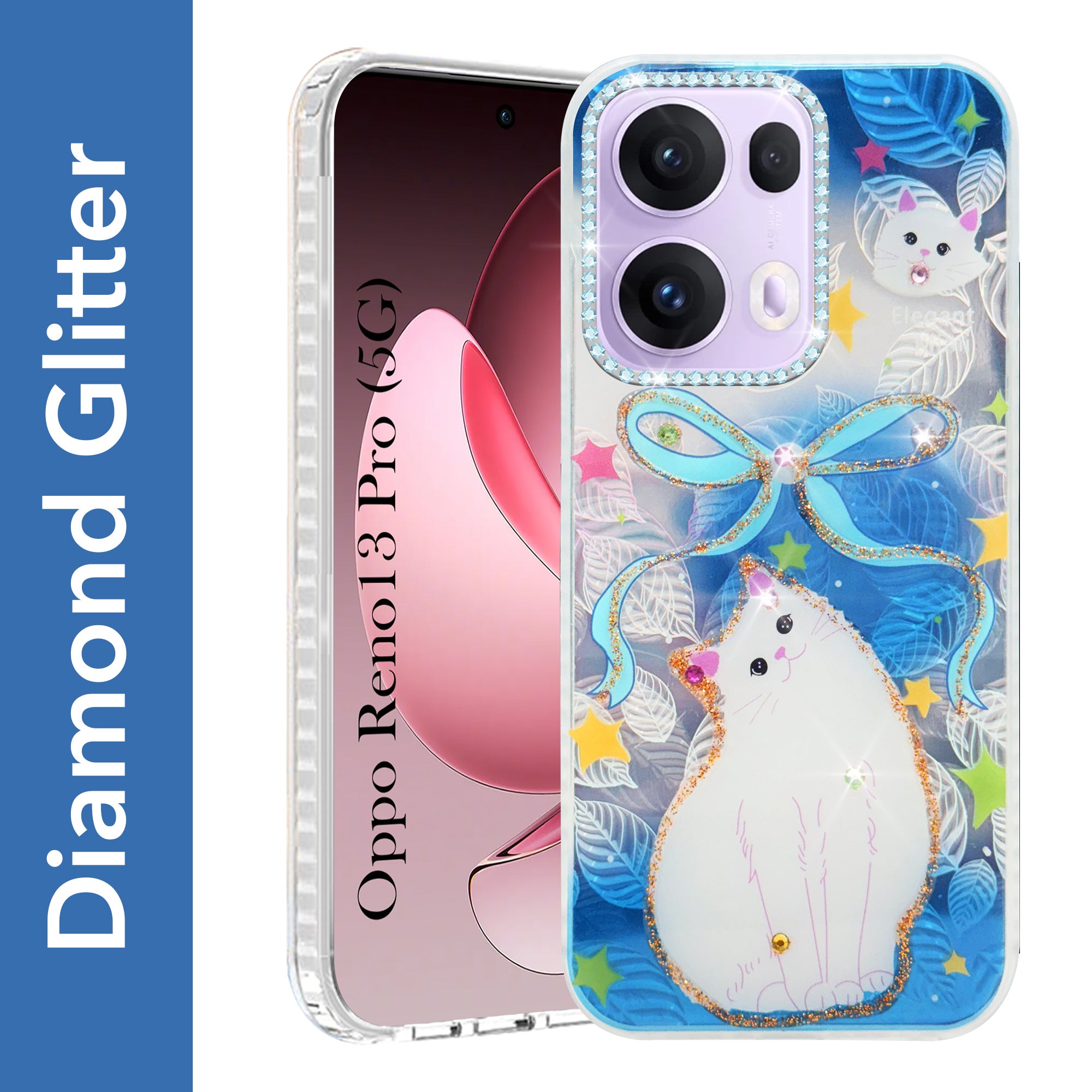 For Oppo Reno13 Pro | Oppo Reno 13 Pro Back Cover Case (Luxury Floral Glitter Cute Butterfly | Diamond Studded Camera Bump | Girls & Women Design)