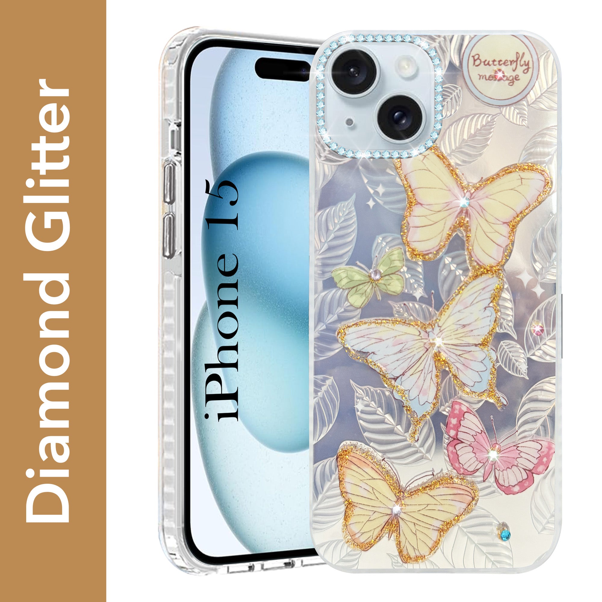 For Apple iPhone 15 Back Cover Case (Luxury Floral Glitter Cute Butterfly | Diamond Studded Camera Bump | Girls & Women Design)