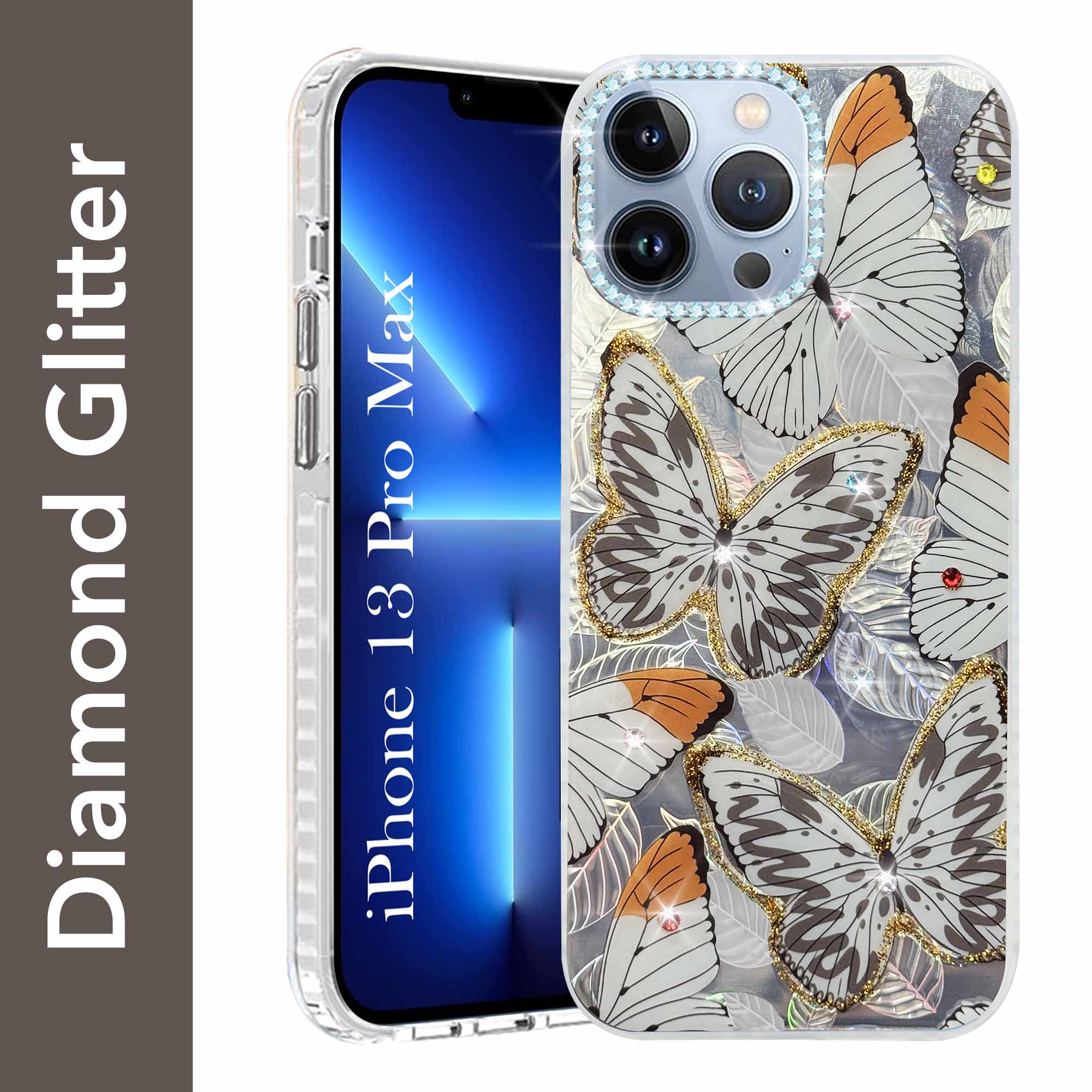 For Apple iPhone 13 Pro Max Back Cover Case (Luxury Floral Glitter Cute Butterfly | Diamond Studded Camera Bump | Girls & Women Design)