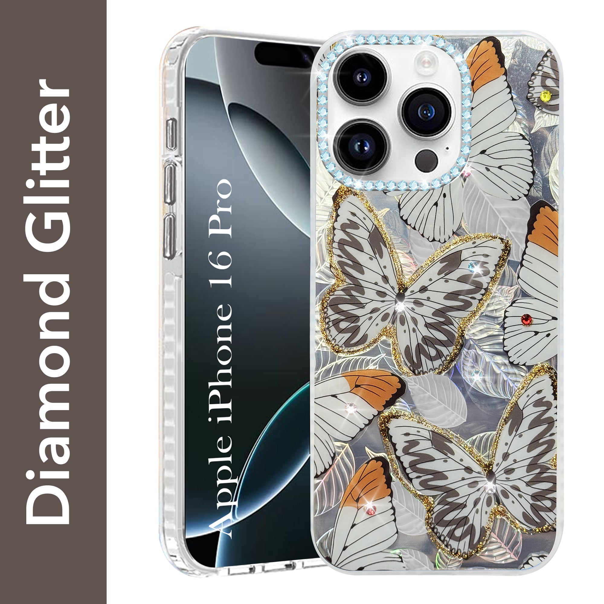 For Apple iPhone 16 Pro Back Cover Case (Luxury Floral Glitter Cute Butterfly | Diamond Studded Camera Bump | Girls & Women Design)