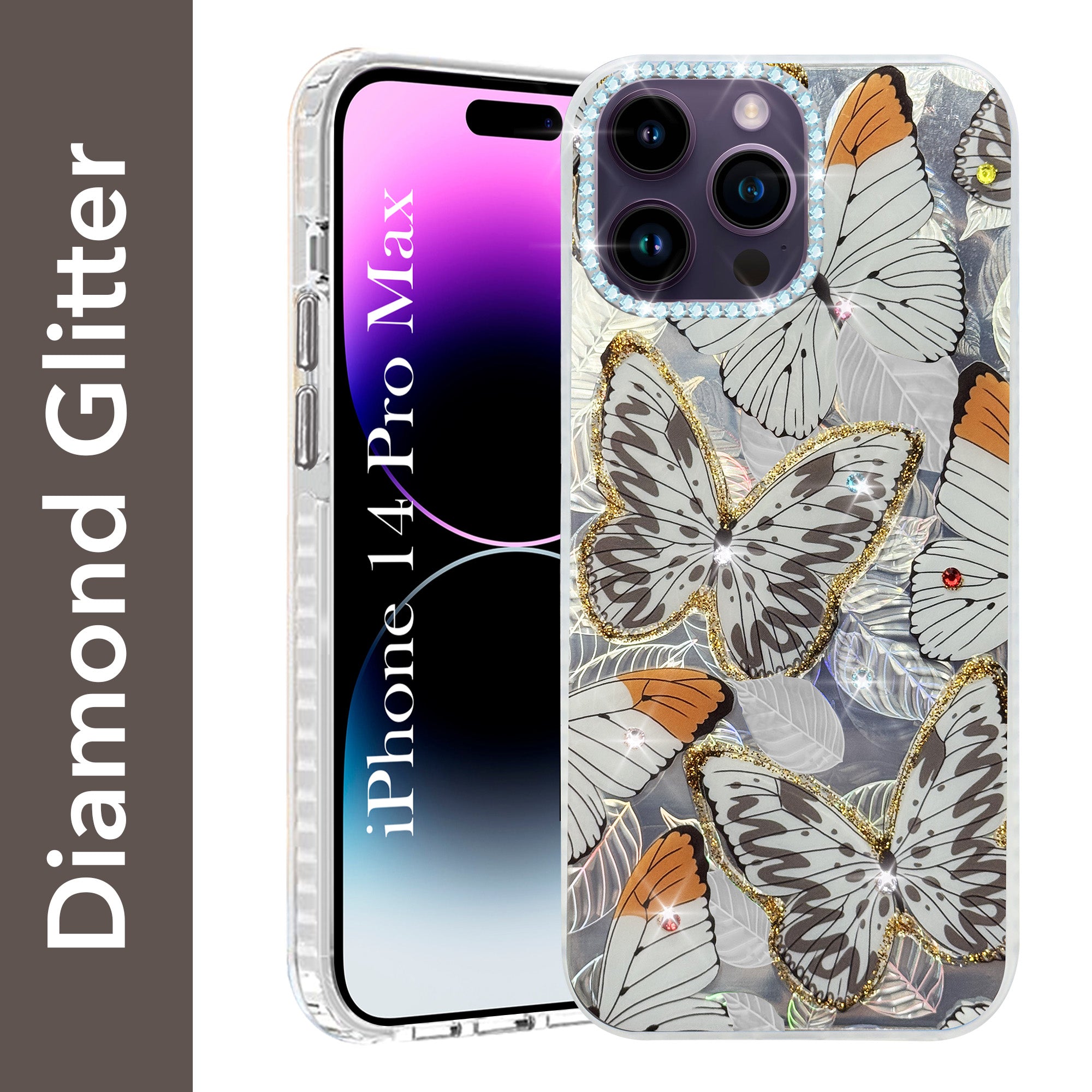 For Apple iPhone 14 Pro Max Back Cover Case (Luxury Floral Glitter Cute Butterfly | Diamond Studded Camera Bump | Girls & Women Design)