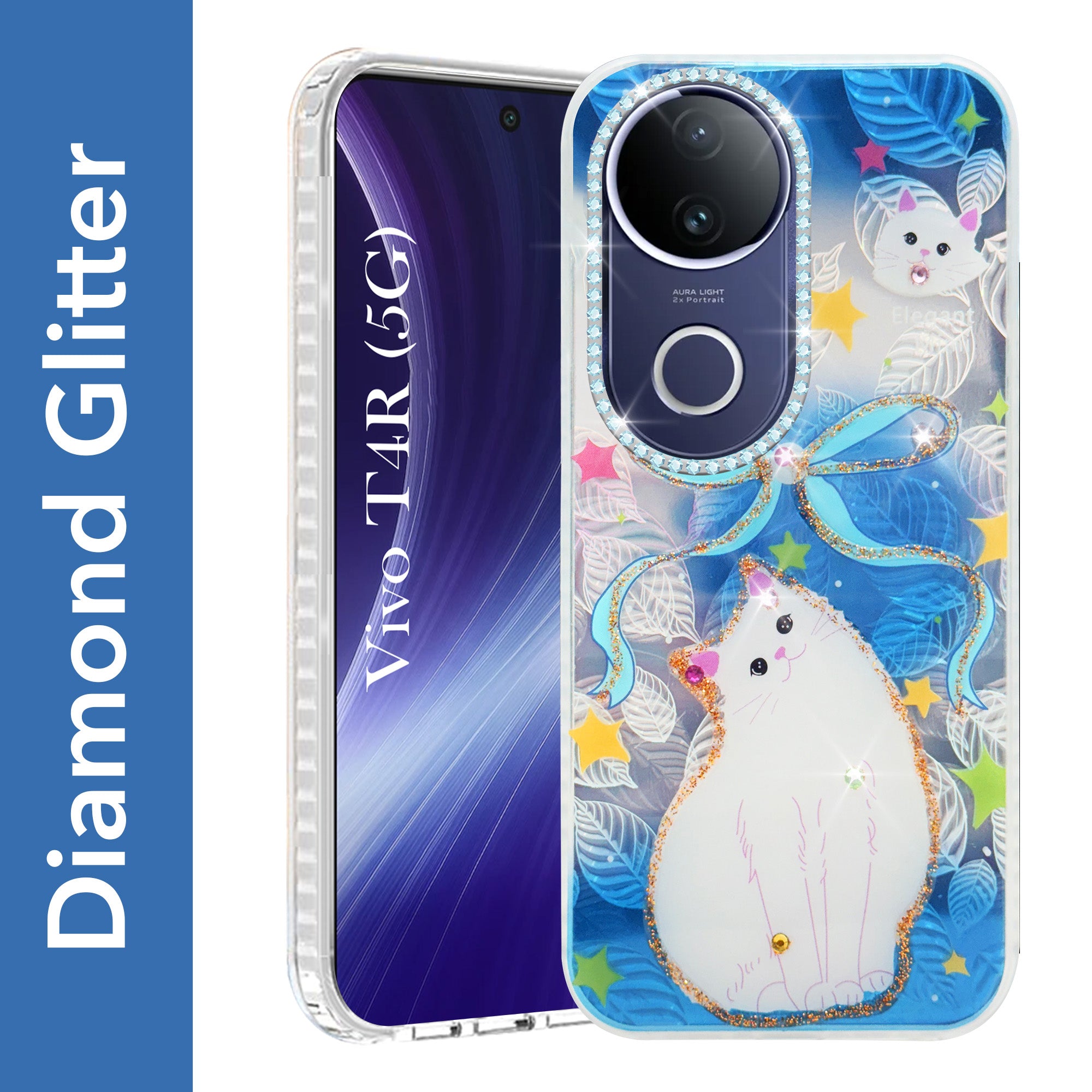 For Vivo T4R Back Cover Case (Luxury Floral Glitter Cute Butterfly | Diamond Studded Camera Bump | Girls & Women Design)