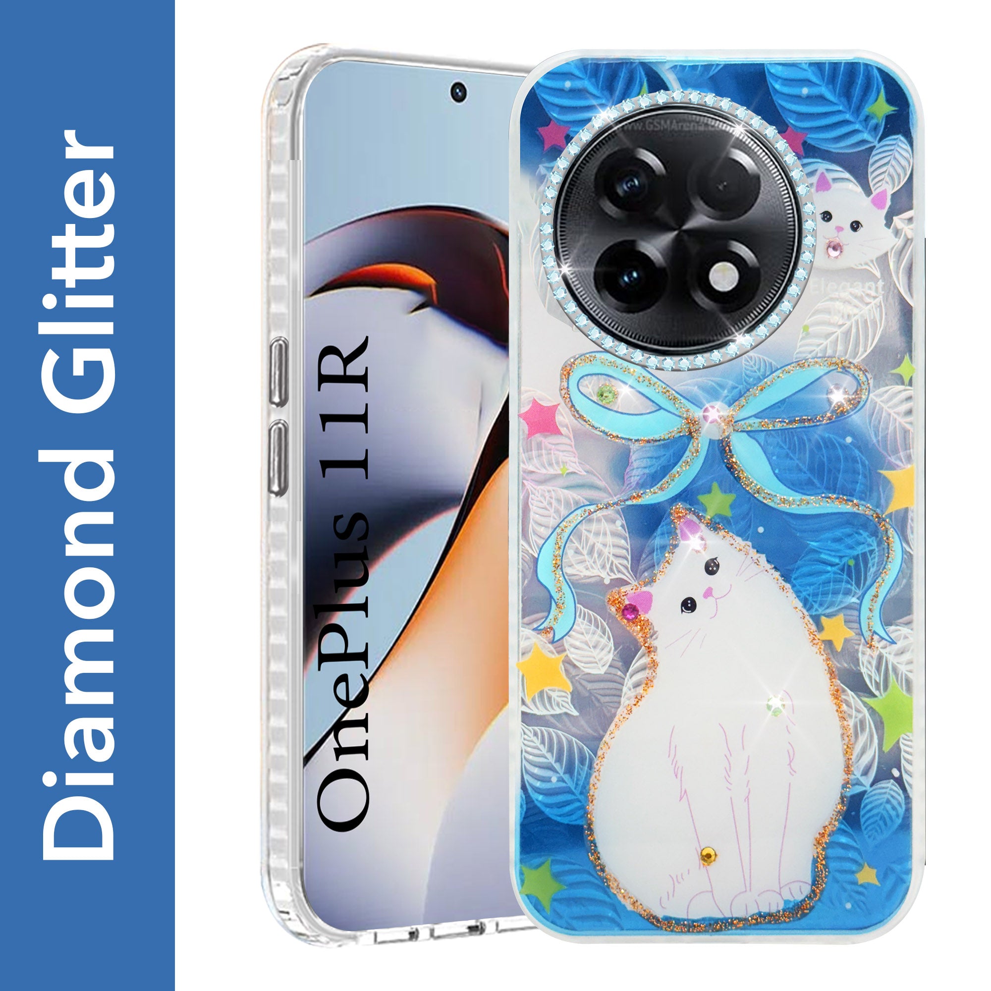 For OnePlus 11R Back Cover Case (Luxury Floral Glitter Cute Butterfly | Diamond Studded Camera Bump | Girls & Women Design)