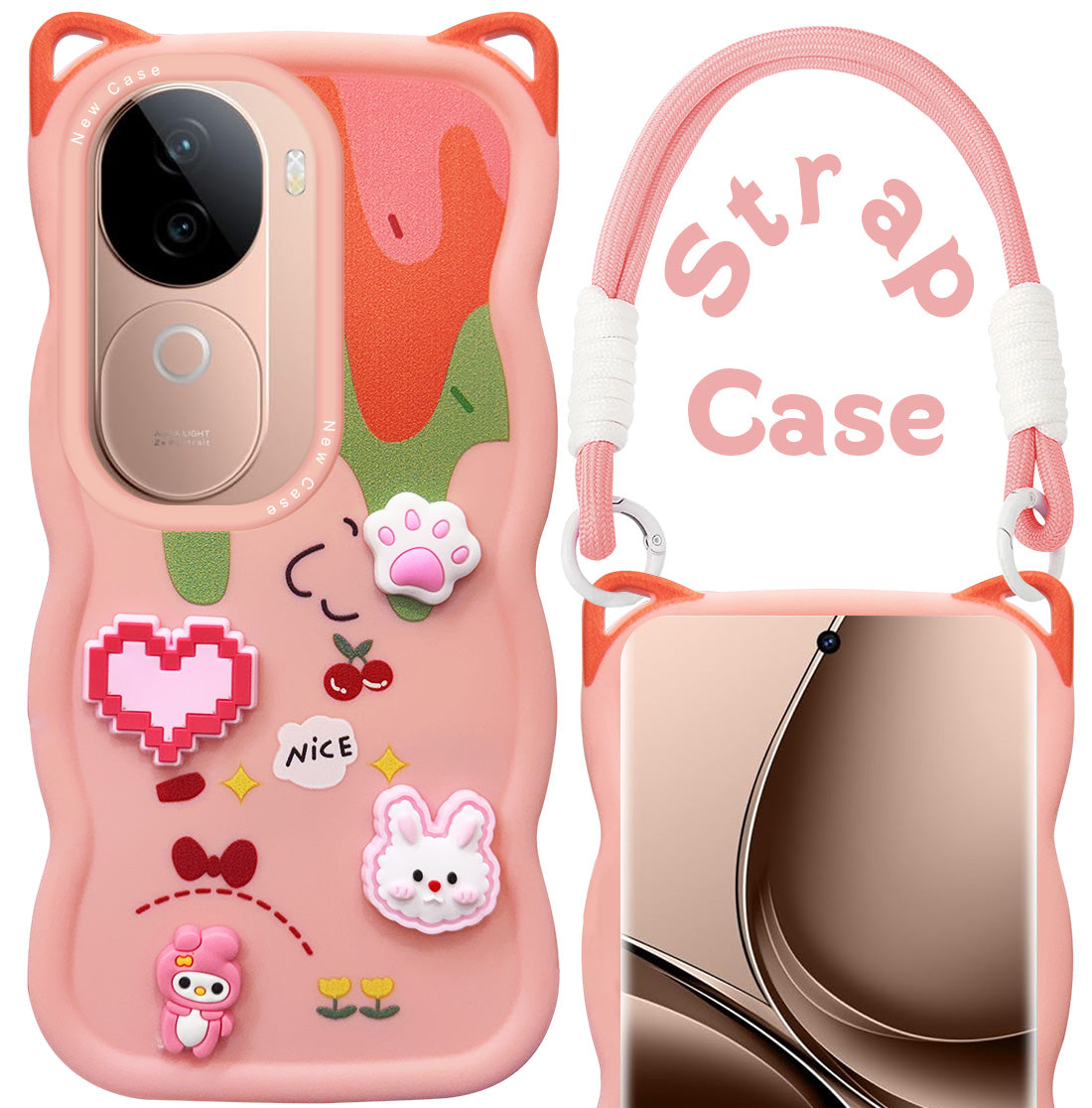 For Vivo V40e Back Case Cover Strap (3D embossed Figures | Strap Holder | 360* Soft Cushion with Camera Bump)