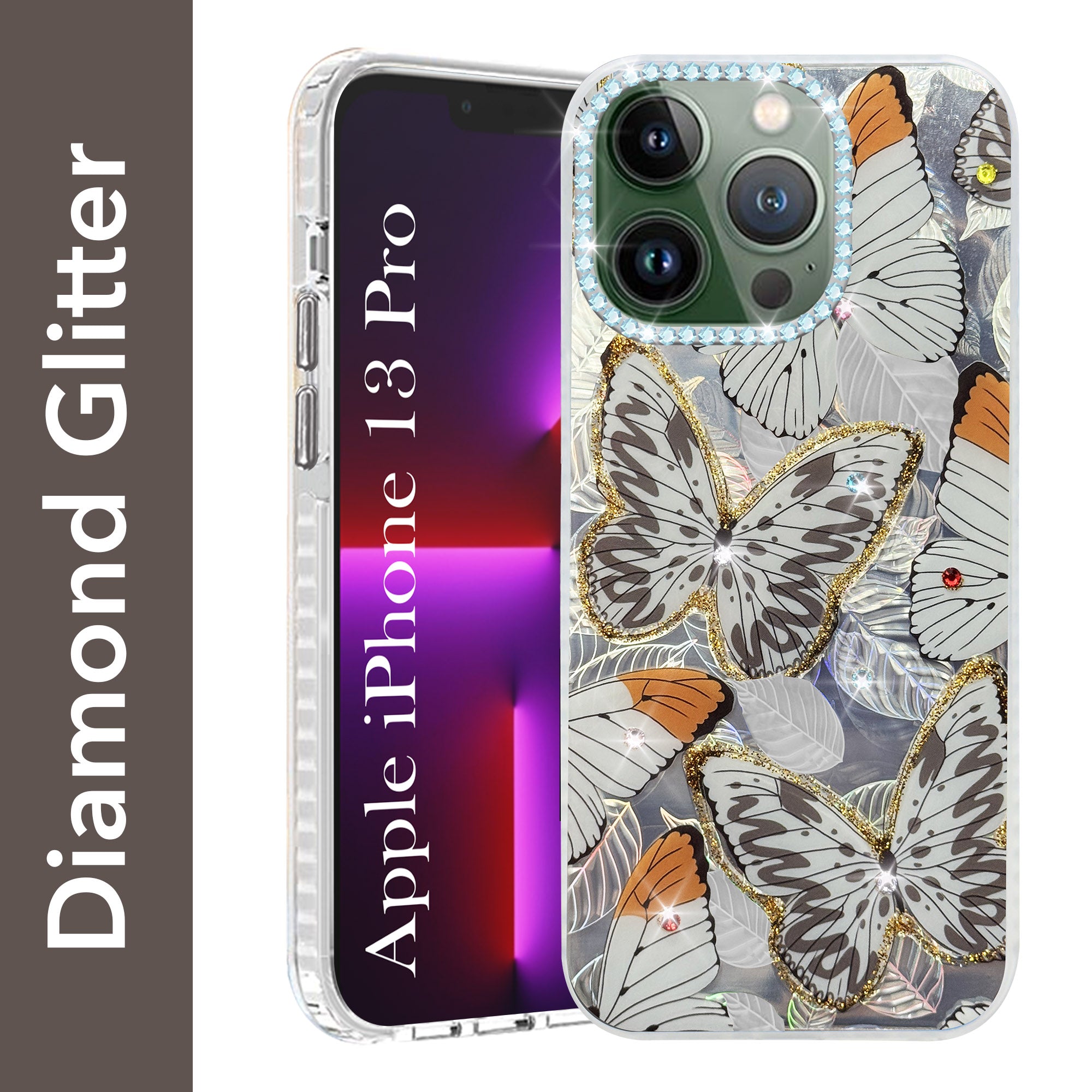 For Apple iPhone 13 Pro Back Cover Case (Luxury Floral Glitter Cute Butterfly | Diamond Studded Camera Bump | Girls & Women Design)