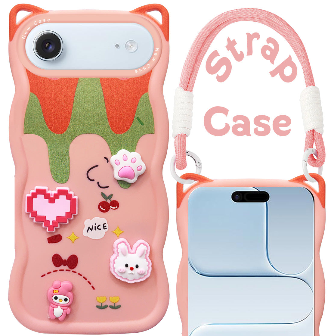 For Apple iPhone 17 Air Back Case Cover Strap (3D Embossed Figures | Strap Holder | 360* Soft Cushion with Camera Bump)