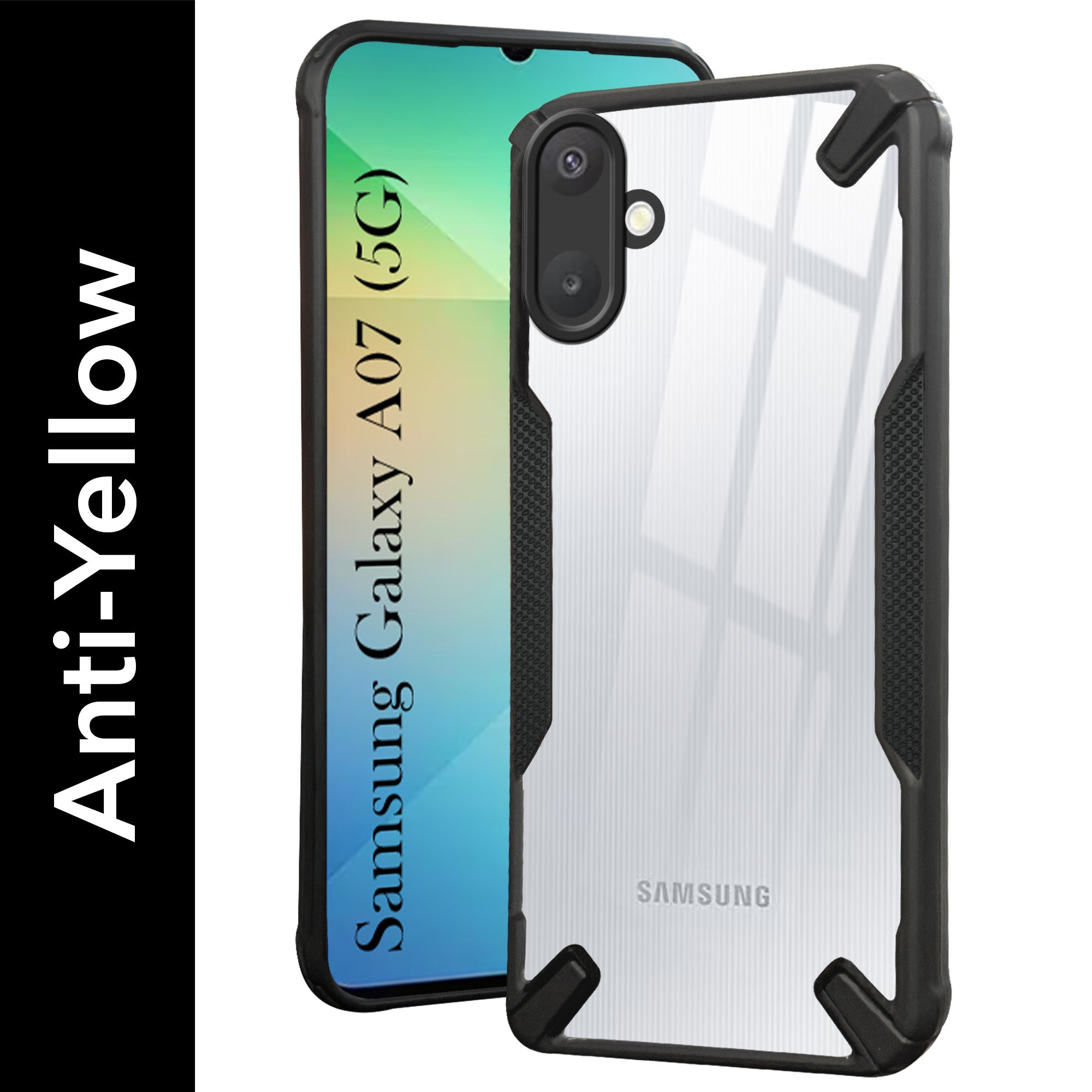 For Samsung Galaxy A07 5G Back Cover Case (Hybrid Crystal | Ultimate Shockproof Bumpers | Anti Yellow | Rugged Armor | Black )