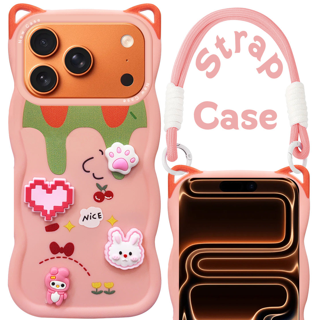 For Apple iPhone 17 Pro Max Back Case Cover Strap (3D Embossed Figures | Strap Holder | 360* Soft Cushion with Camera Bump)