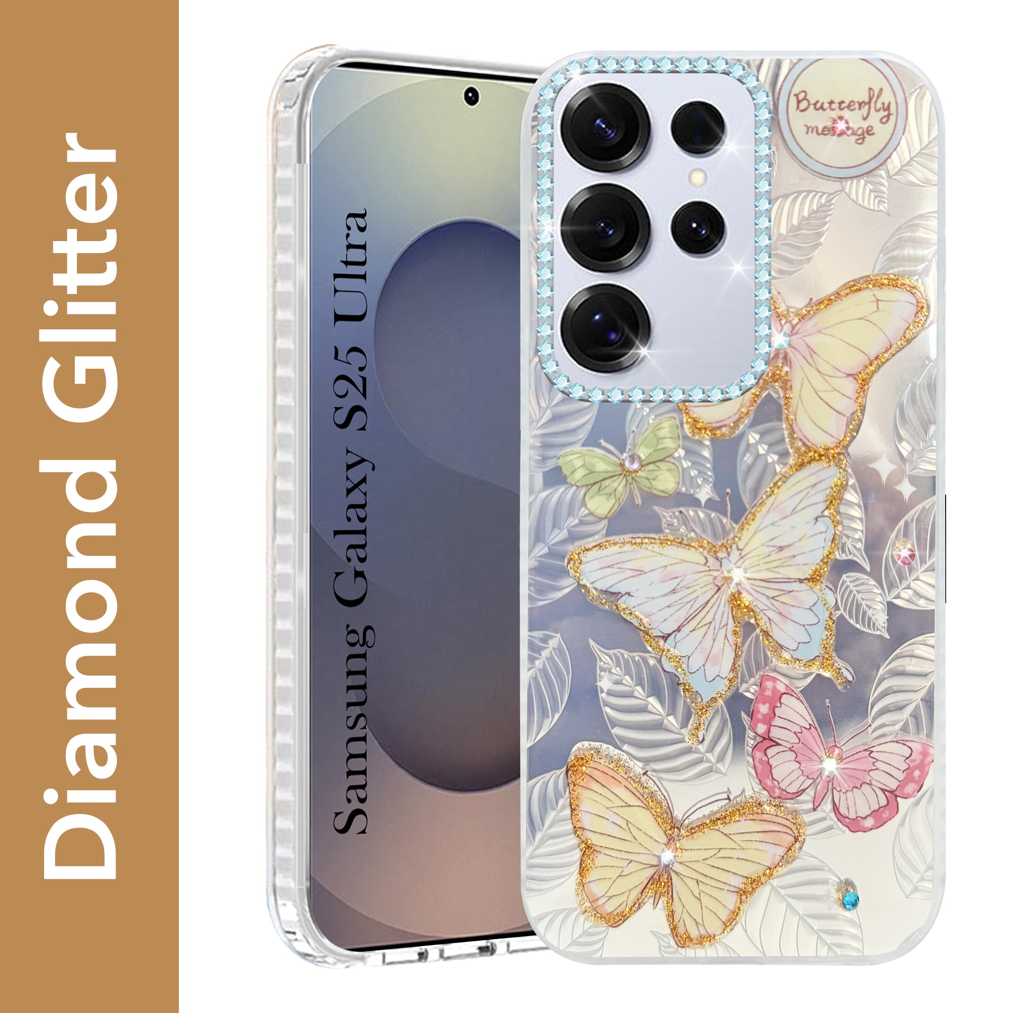 For Samsung Galaxy S25 Ultra Back Cover Case (Luxury Floral Glitter Cute Butterfly | Diamond Studded Camera Bump | Girls & Women Design)