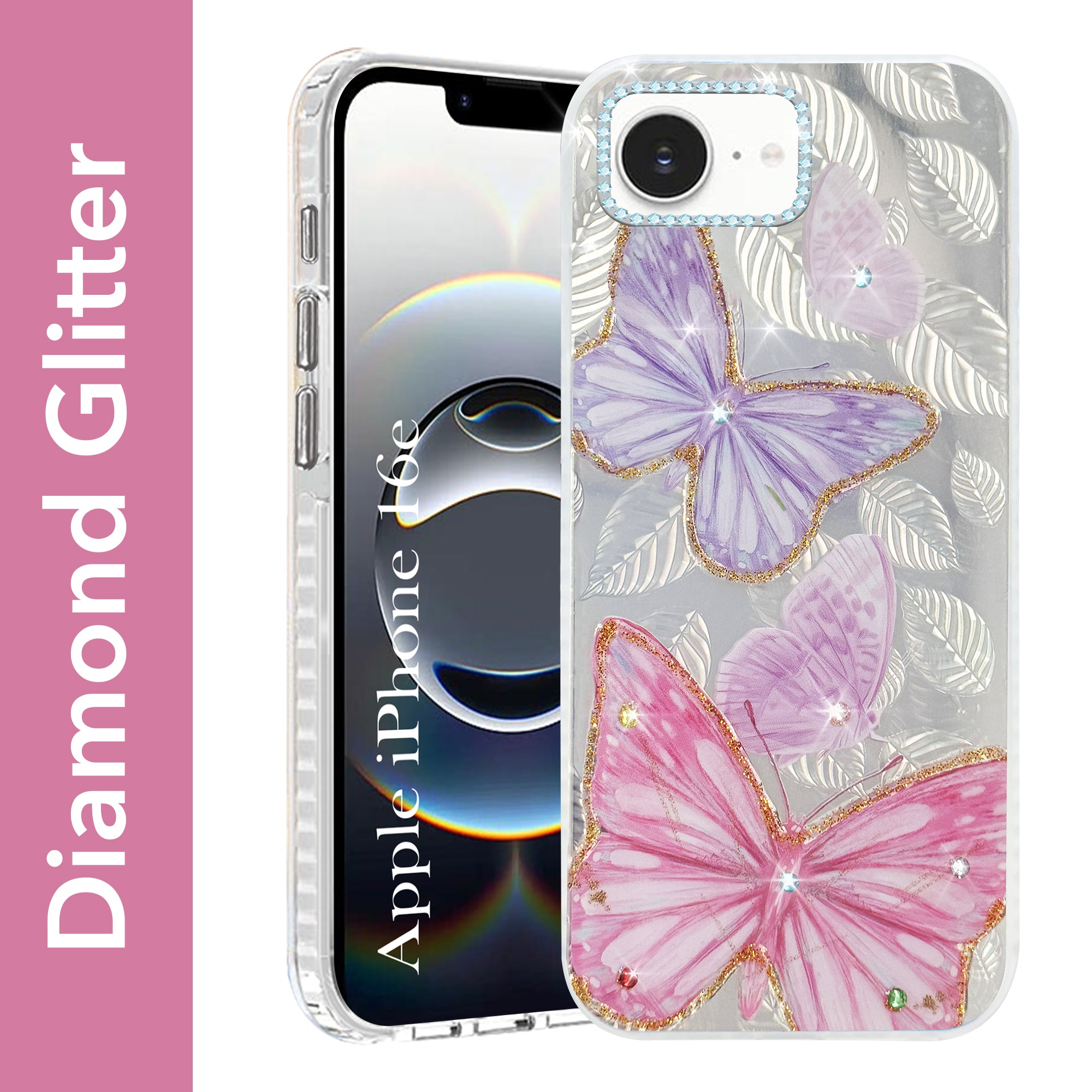 For iPhone 16e Back Cover Case (Luxury Floral Glitter Cute Butterfly | Diamond Studded Camera Bump | Girls & Women Design)