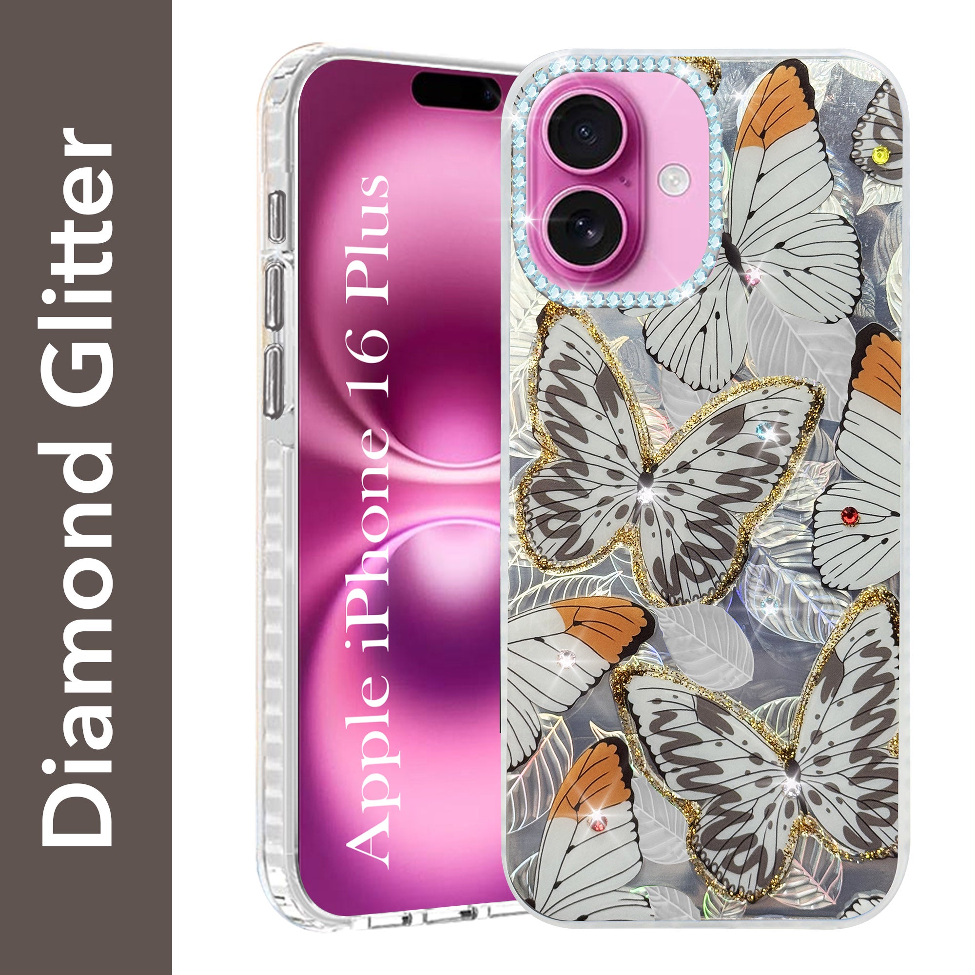 For Apple iPhone 16 Plus Back Cover Case (Luxury Floral Glitter Cute Butterfly | Diamond Studded Camera Bump | Girls & Women Design)