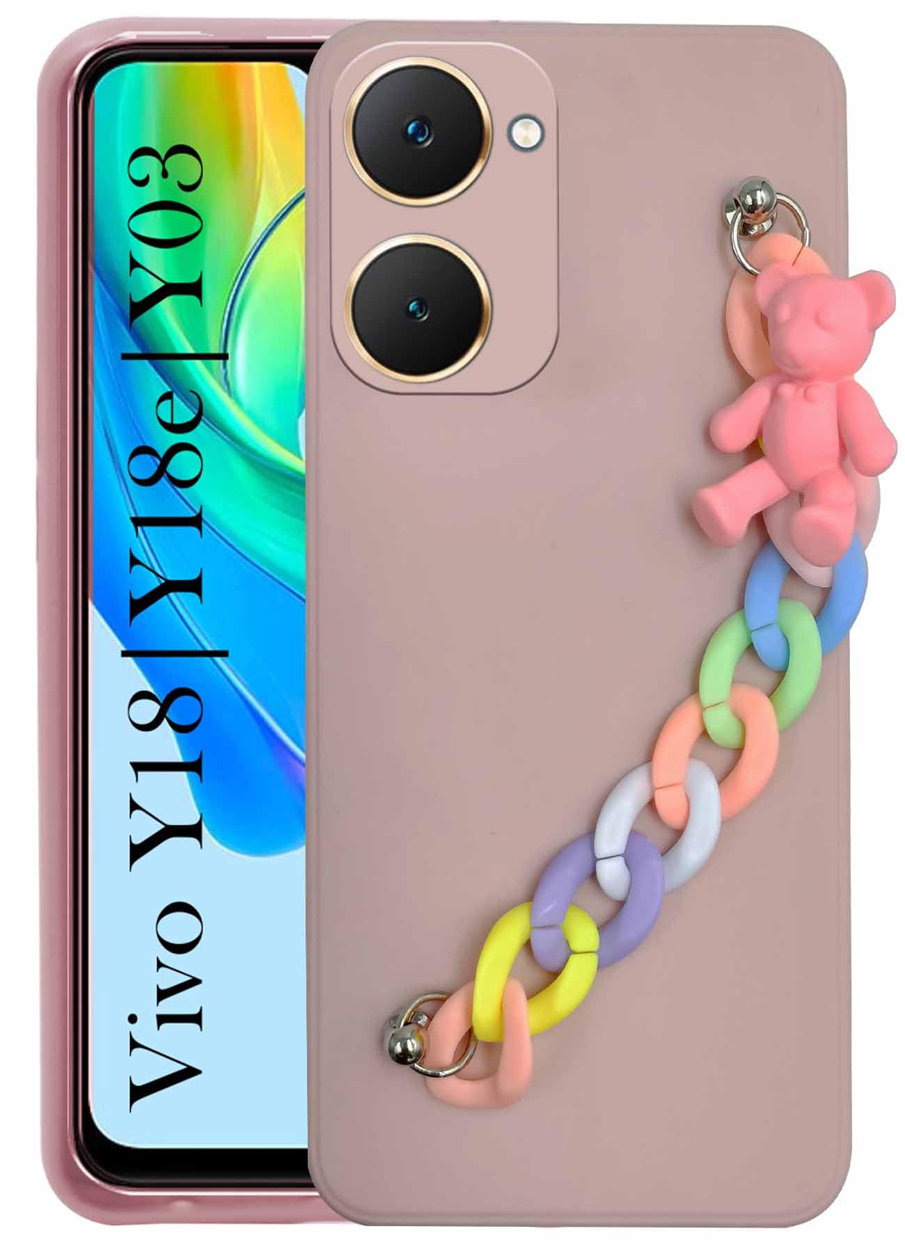 For Vivo Y18 | Y18e | Y03 | Y18i | Y18t Back Cover Girls Case with Bracelet (Wrist Hanging Chain | Teddy Toy Cartoon)