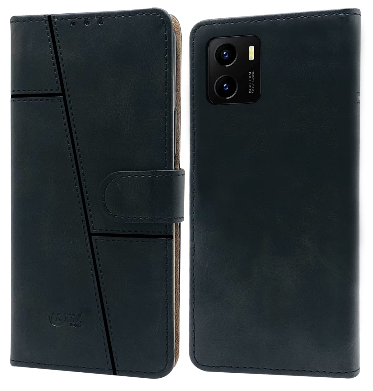 For Vivo Y15s (2021) | Y15A 2021 Flip Cover Case (Stitched Leather Finish | Magnetic Closure | Inner TPU | Foldable Stand | Wallet Card Slots)
