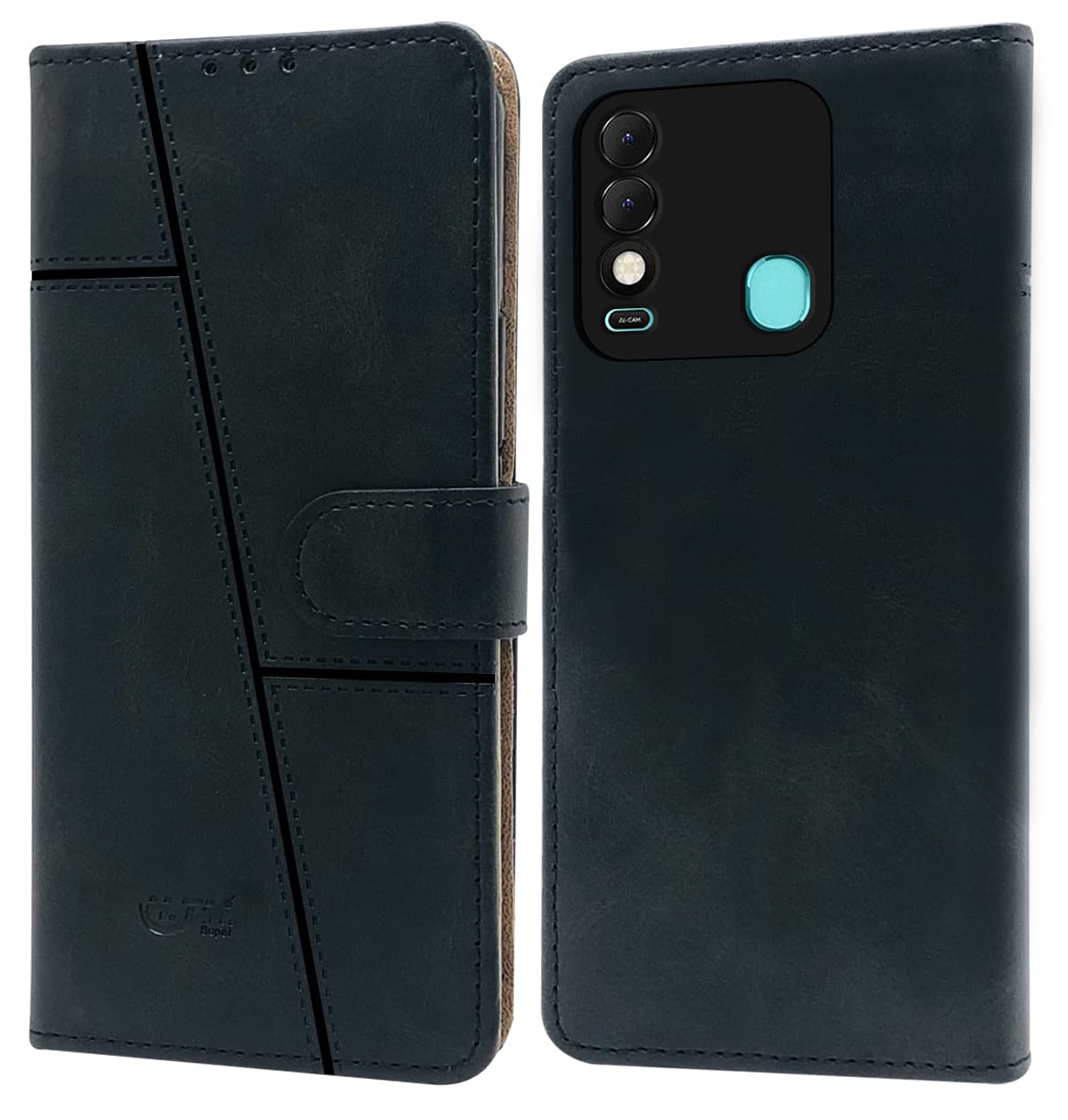 For Tecno Spark 8 Flip Cover Case (Stitched Leather Finish | Magnetic Closure | Inner TPU | Foldable Stand | Wallet Card Slots)