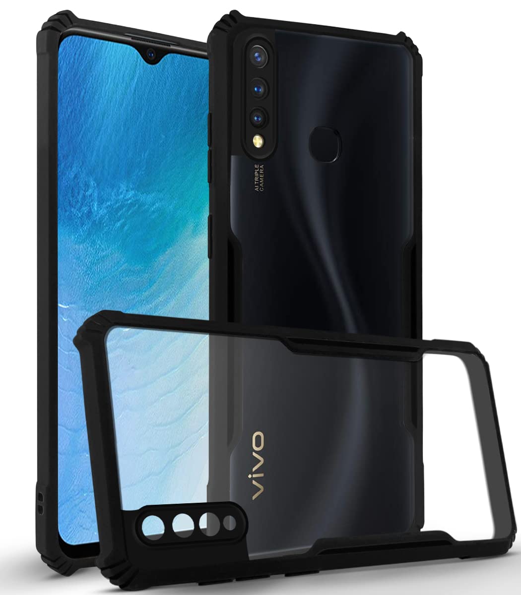 For Vivo Y19 | Y5s Back Cover Case (Crystal Glass Back | Camera Protection | Shockproof Bumpers | Professional Black)