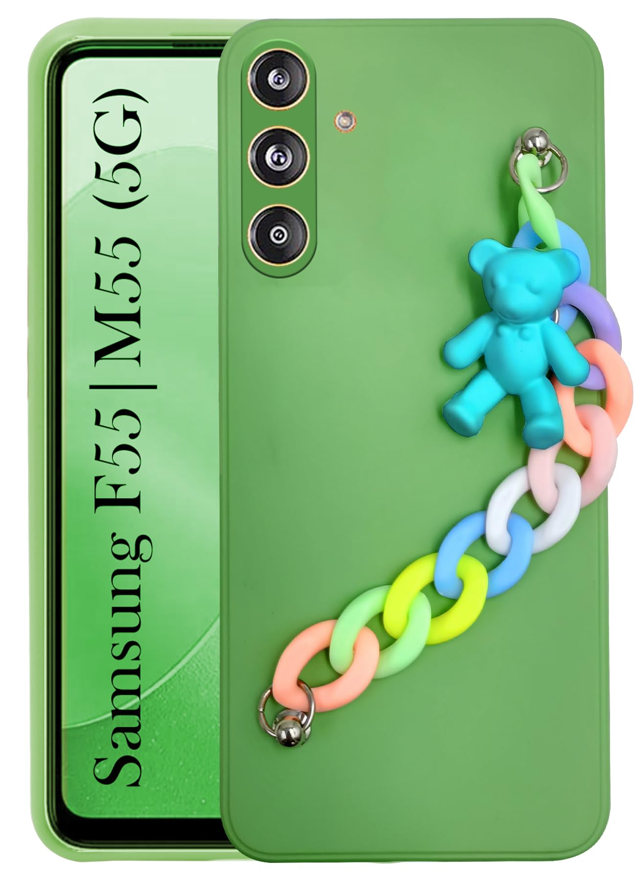 For Samsung Galaxy F55 5G | M55 5G | M55s Back Cover Girls Case with Bracelet (Wrist Hanging Chain | Teddy Toy Cartoon)