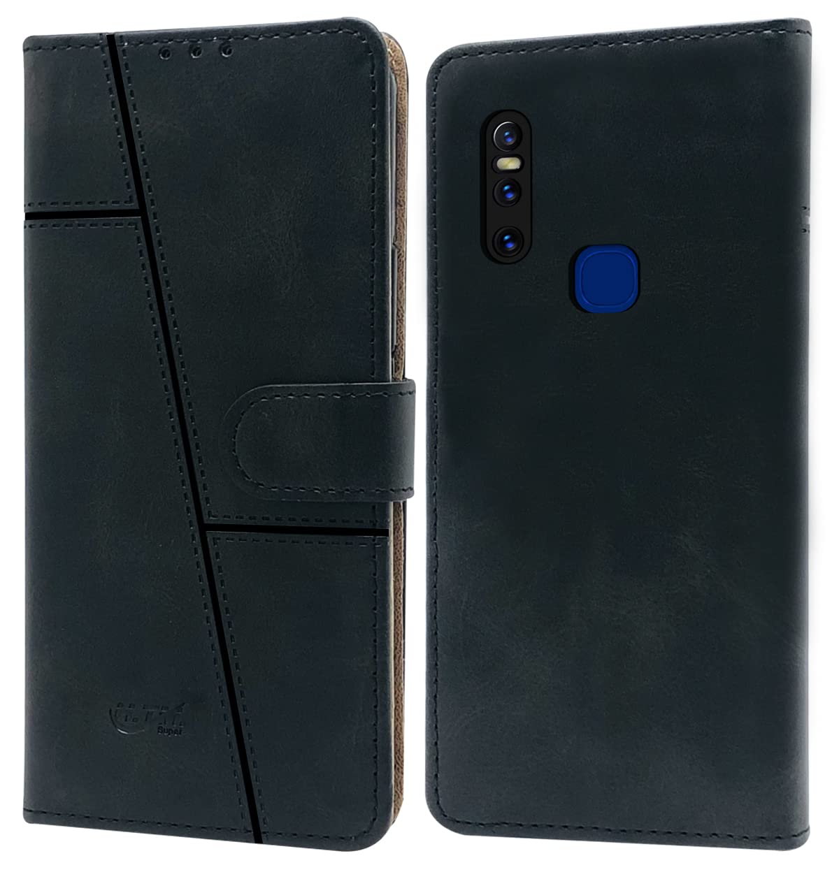 For Vivo V15 Flip Cover Case (Stitched Leather Finish | Magnetic Closure | Inner TPU | Foldable Stand | Wallet Card Slots)