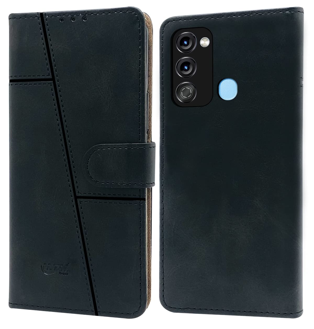 For Itel Vision 3 Flip Cover Case (Stitched Leather Finish | Magnetic Closure | Inner TPU | Foldable Stand | Wallet Card Slots | Black)