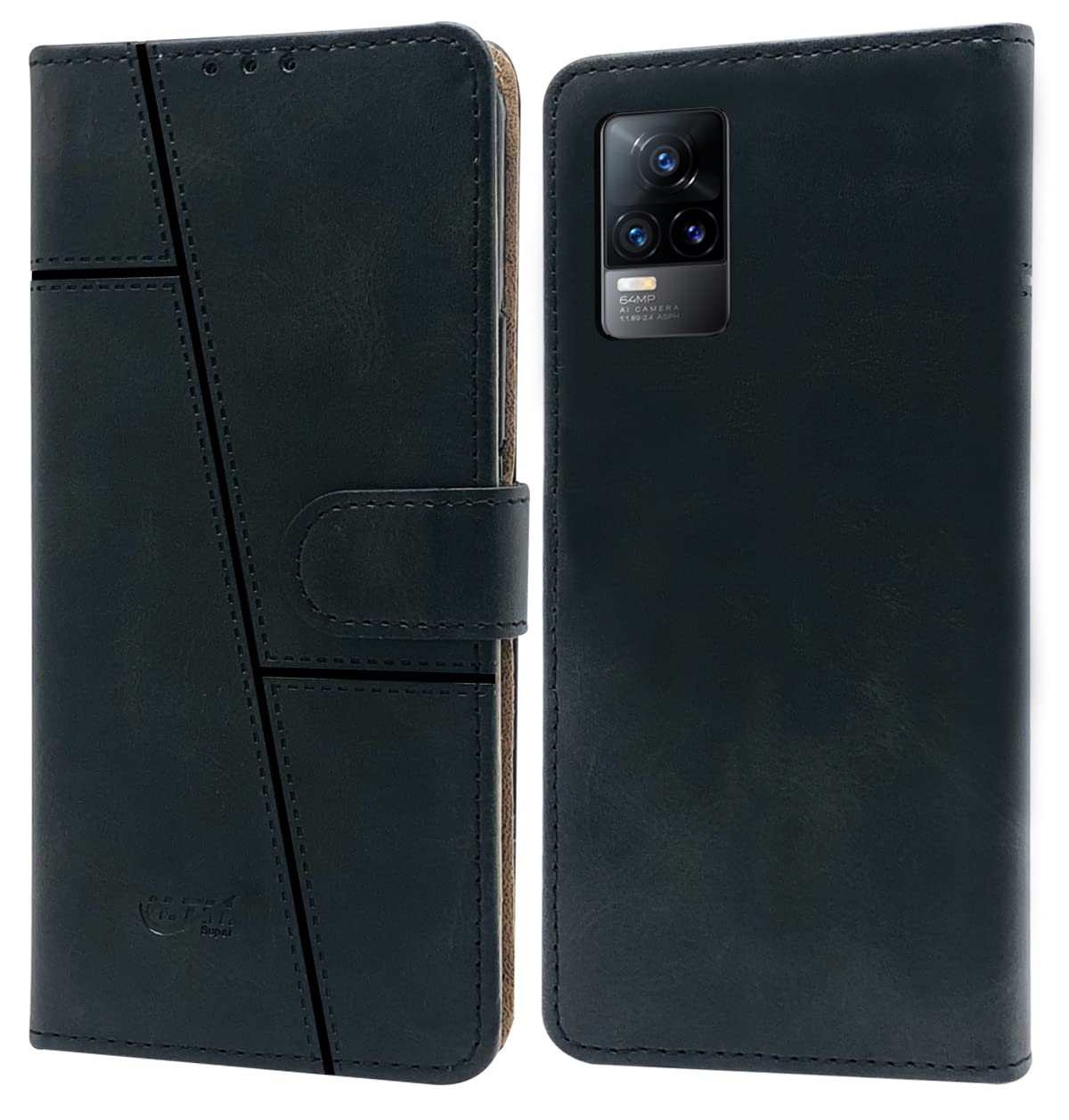 For Vivo Y73 Flip Cover Case (Stitched Leather Finish | Magnetic Closure | Inner TPU | Foldable Stand | Wallet Card Slots)