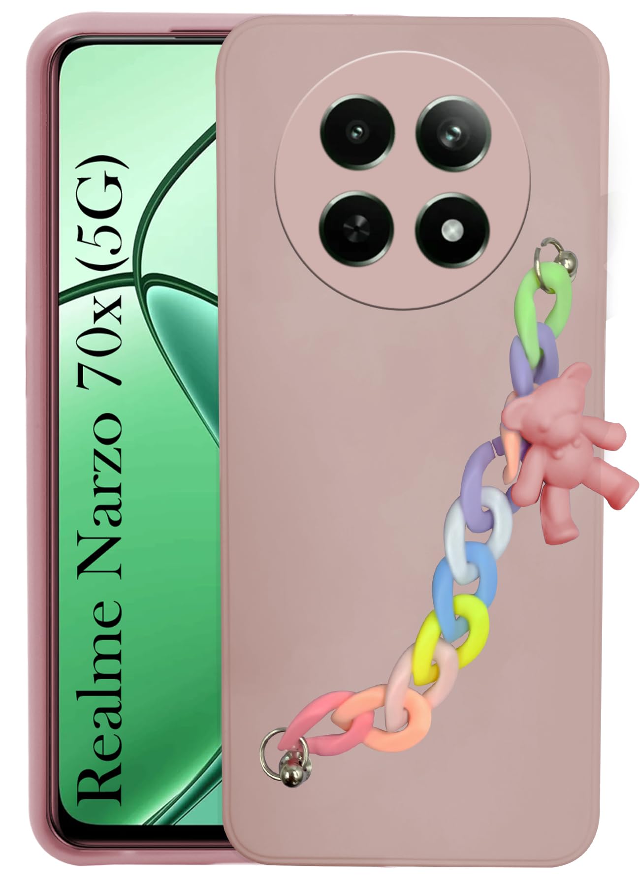 For Realme Narzo 70x 5G Back Cover for Girls Case with Bracelet (Wrist Hanging Chain | Teddy Toy Cartoon)