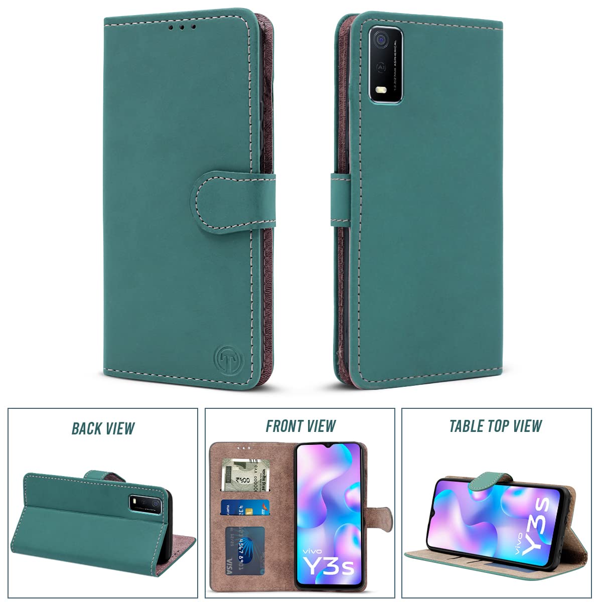 For Vivo Y3s (2021) Flip Cover Case (Fine Leather Finish | Magnetic Closure | Foldable Stand | Slots for Sim-Cards-Pin)