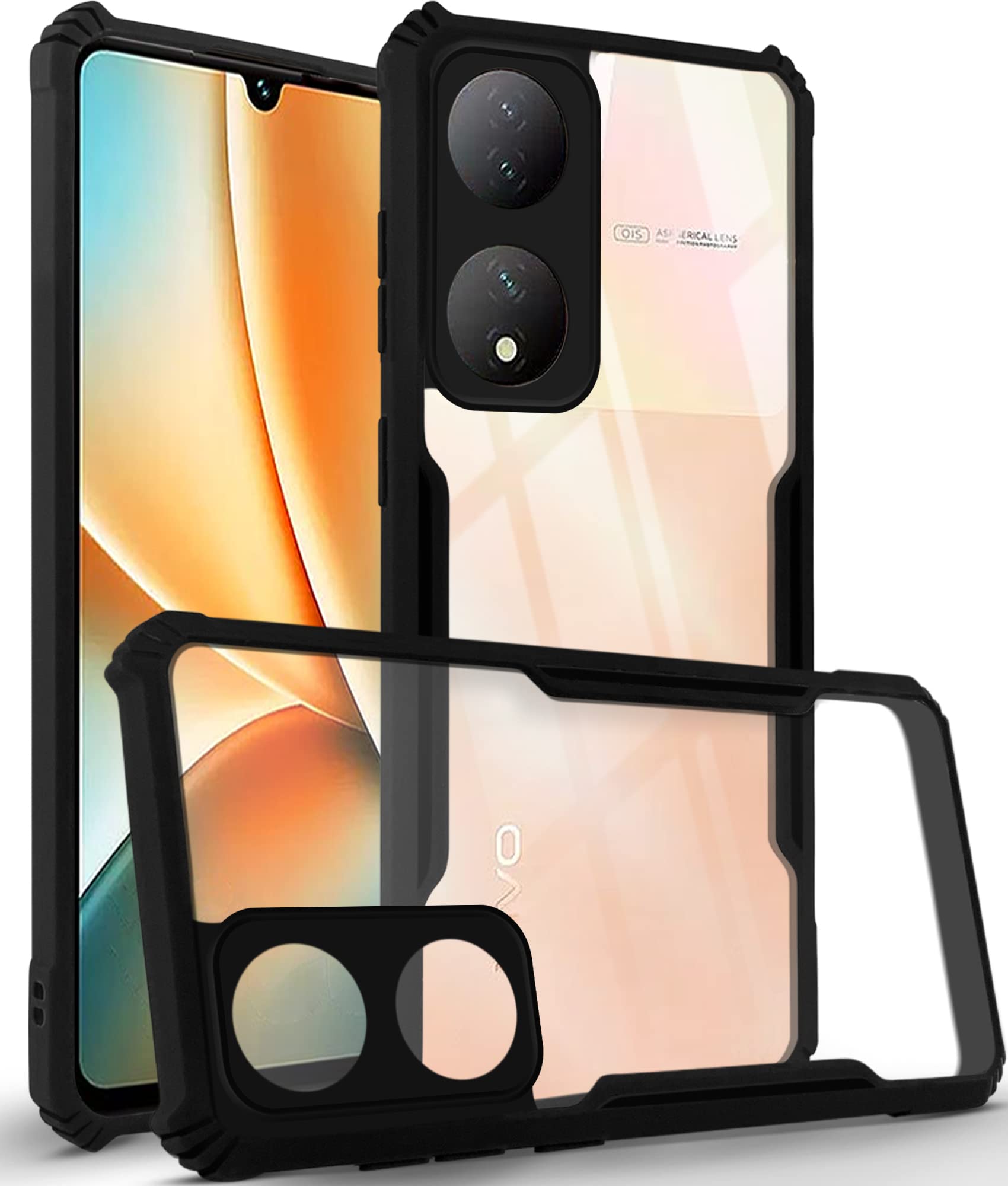 For Vivo Y100 Back Cover Case (Crystal Glass Back | Camera Protection | Shockproof Bumpers | Professional Black)