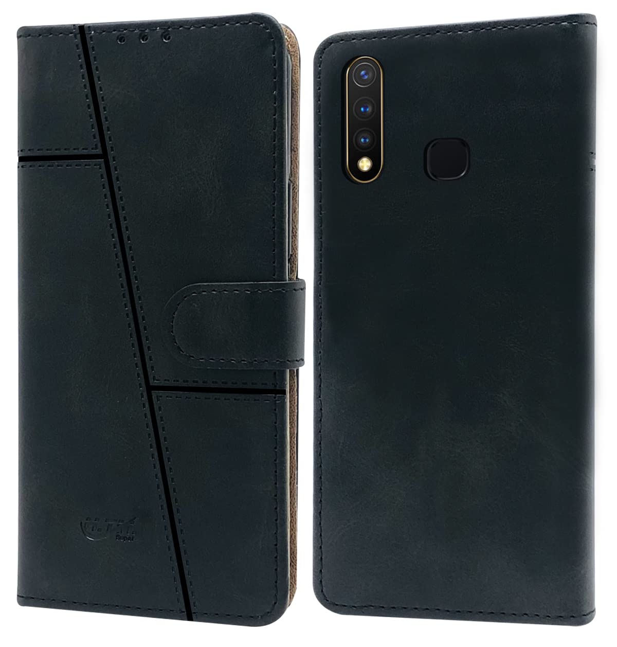 For Vivo Y19 | Y5s Flip Cover Case Stitched Leather Finish | Magnetic Closure | Inner TPU | Foldable Stand | Wallet Card Slots)