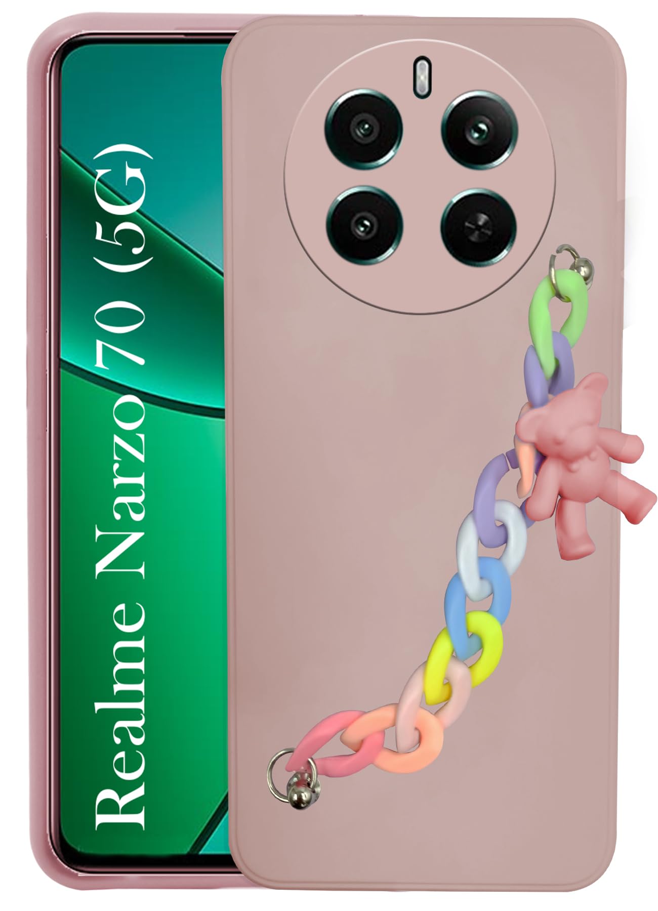 For Realme Narzo 70 5G Back Cover for Girls Case with Bracelet (Wrist Hanging Chain | Teddy Toy Cartoon)