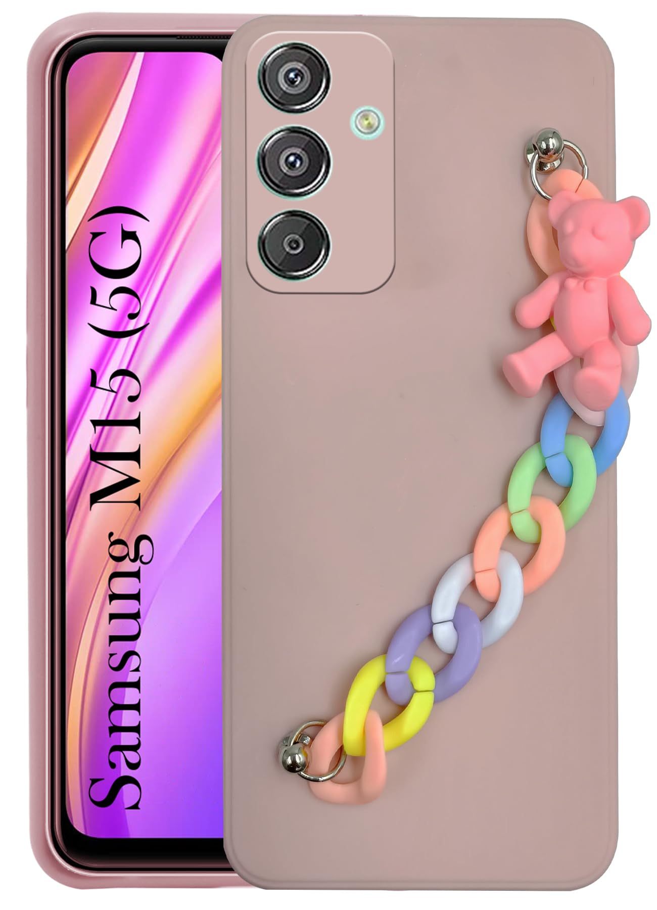 For Samsung Galaxy M15 5G Back Cover Girls Case with Bracelet (Wrist Hanging Chain | Teddy Toy Cartoon)