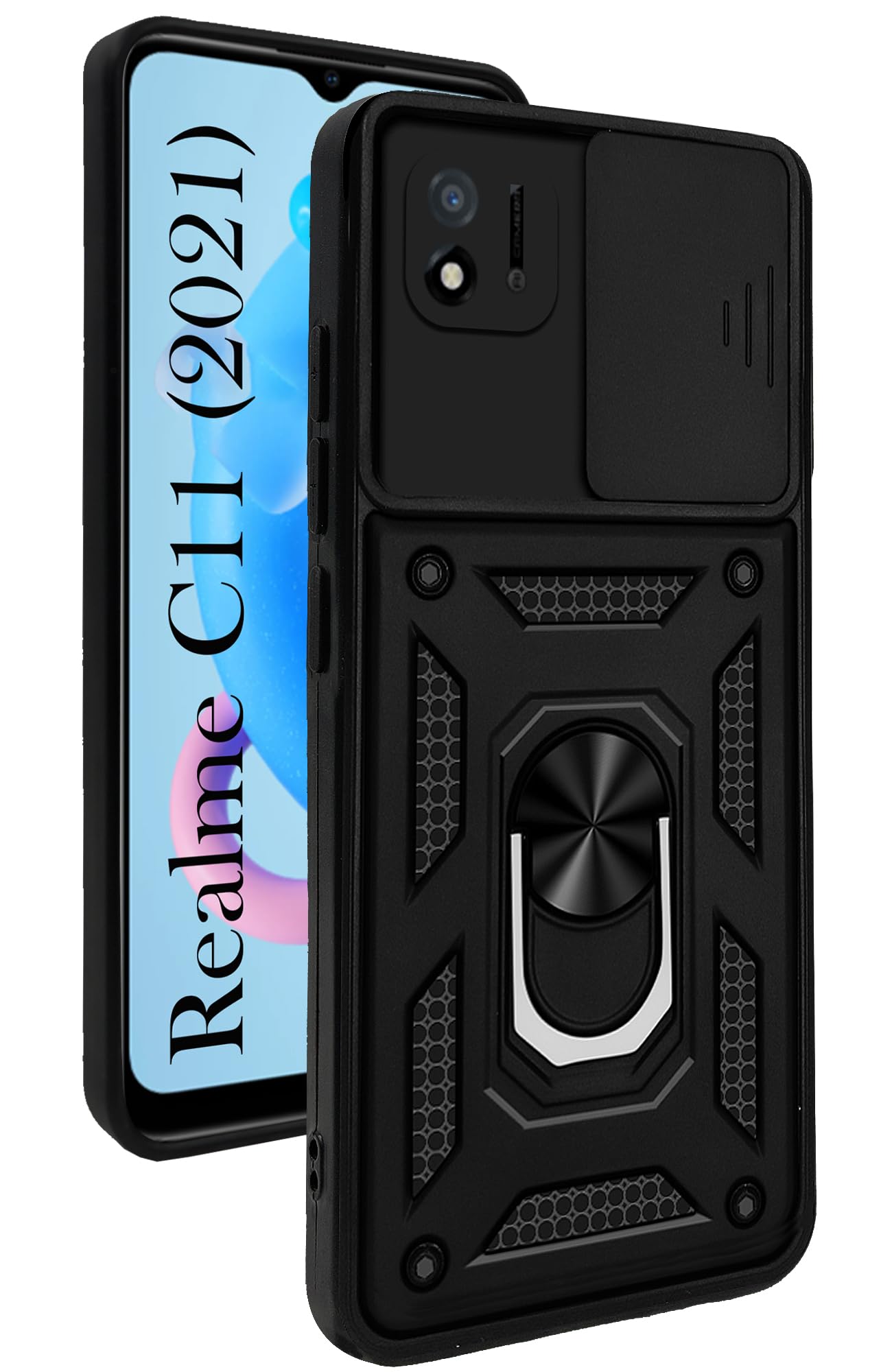 Cover Per Realme C11 2021 Con Anello 360° E Supporto – Custodia Antiurto Scorrevole (Nera) - 4
