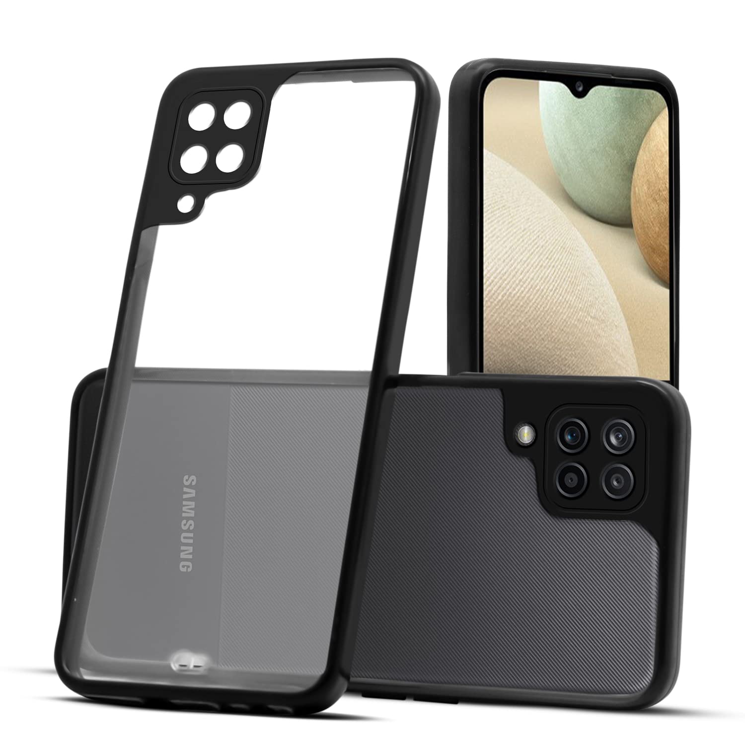 For Samsung Galaxy A12 Back Cover Case (PC - Crystal Clear | Flexible Glass Back | Camera Protection | Airbag Shockproof Grip | Classic Black)