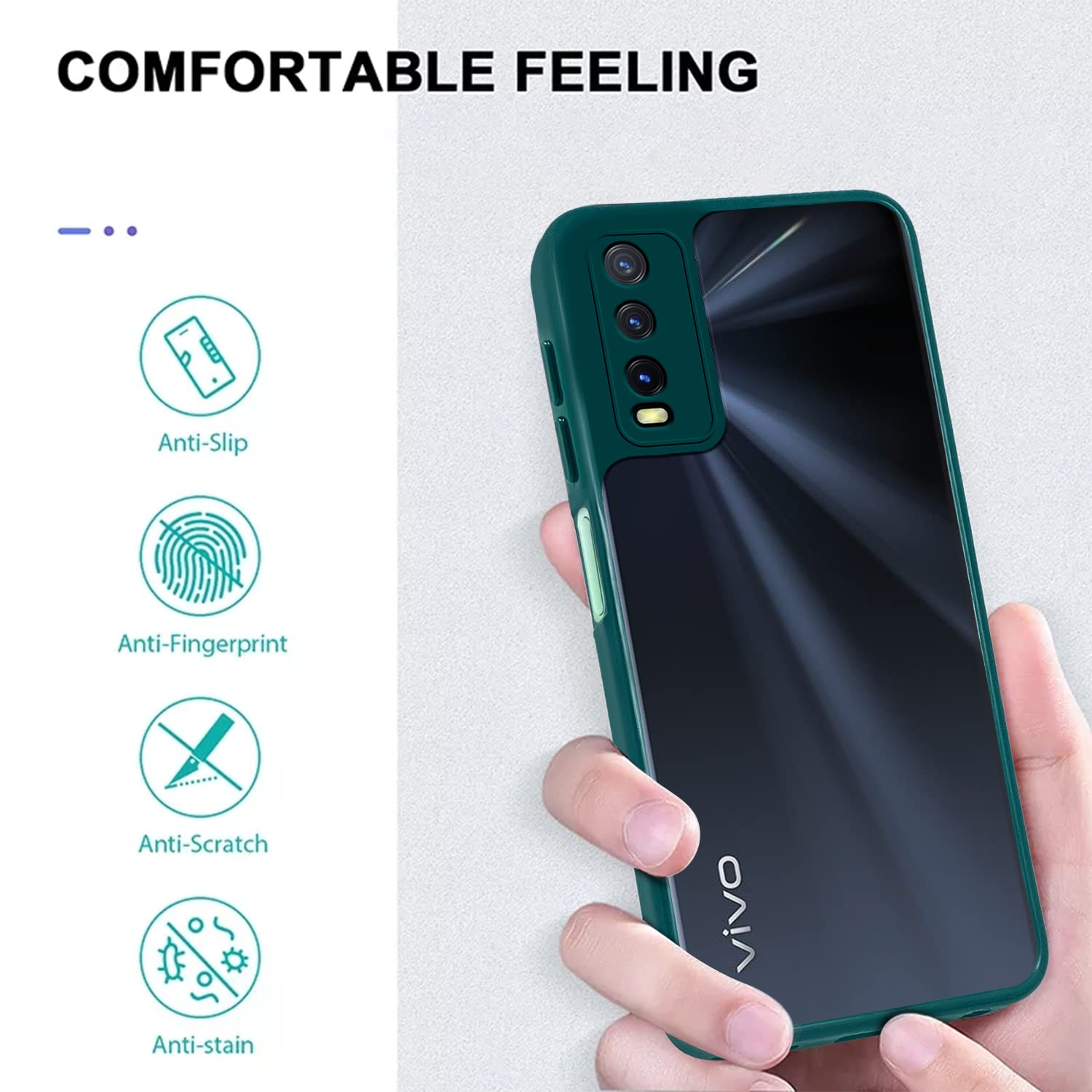 For Vivo Y20 | Y20i Back Cover Case (PC - Crystal Clear | Flexible Glass Back | Camera Protection | Airbag Shockproof Grip)